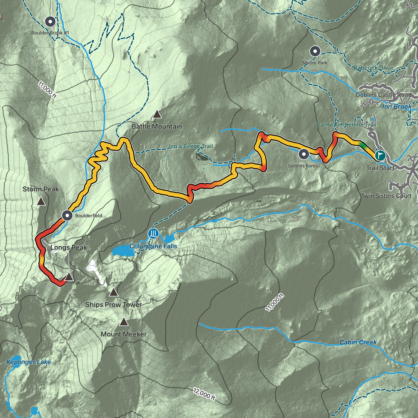 Terrain map of Longs Peak Keyhole Route in Rocky Mountain National Park