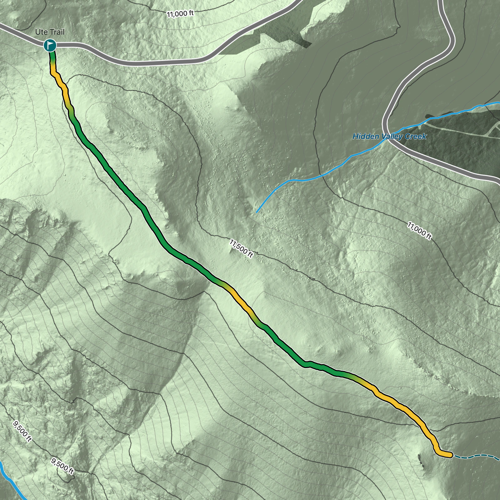 Terrain map of Tombstone Ridge via Ute Trail in Rocky Mountain National Park