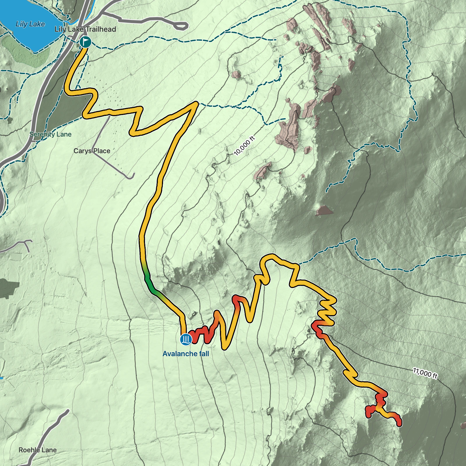 Terrain map of Twin Sisters Peak Trail in Rocky Mountain National Park