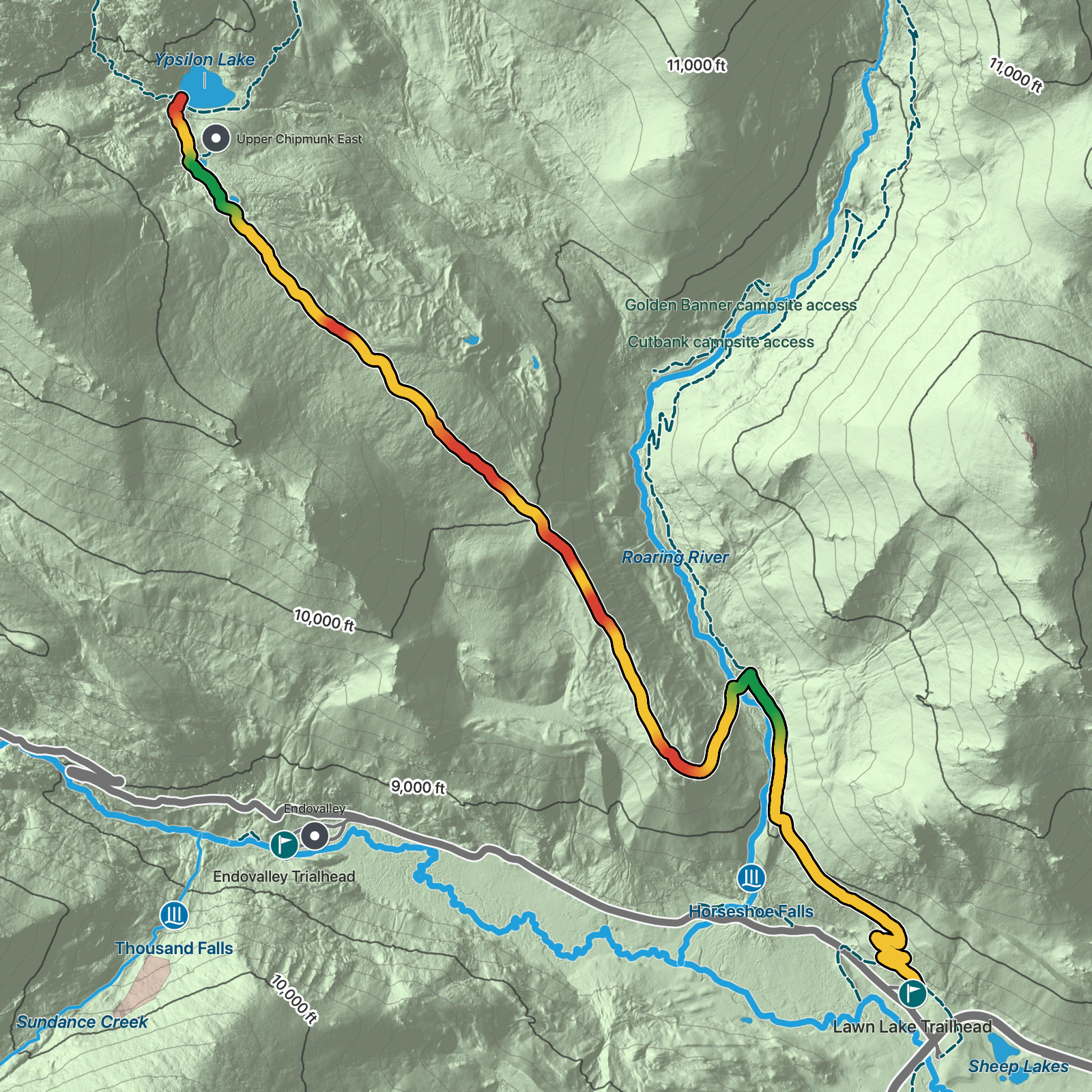 Terrain map of Ypsilon Lake Trail in Rocky Mountain National Park