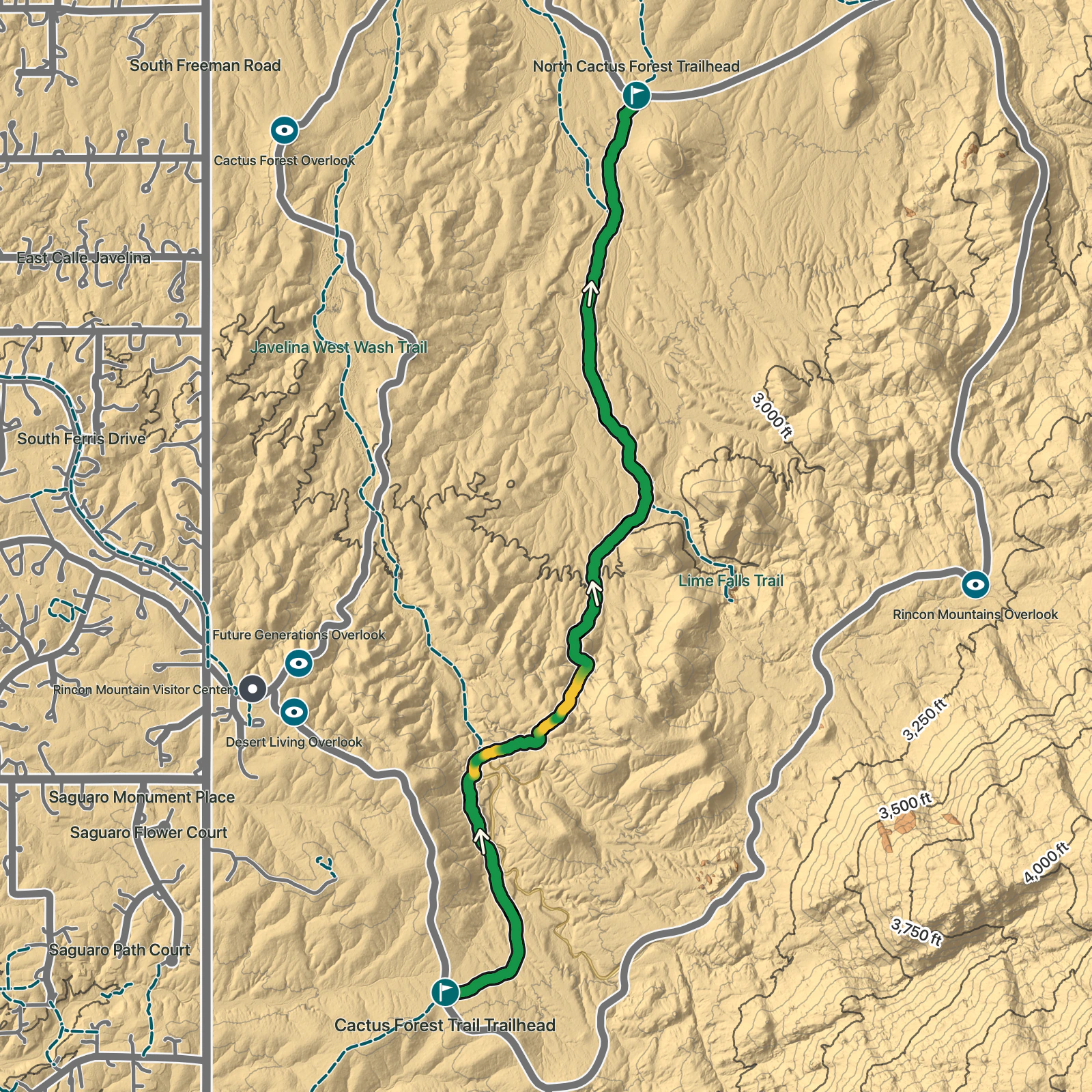 Terrain map of Cactus Forest Trail in Saguaro National Park