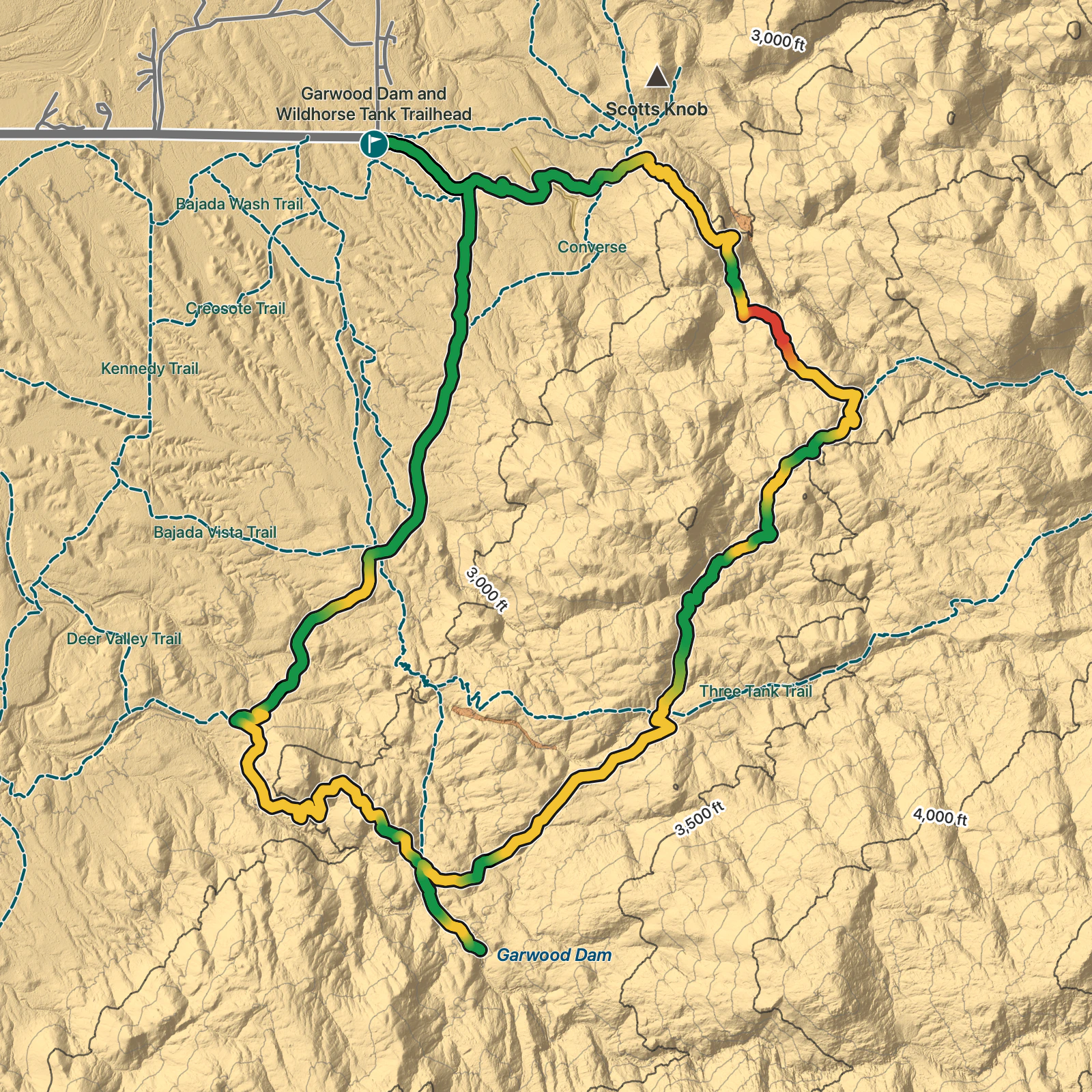 Terrain map of Garwood Dam and Wildhorse Tank in Saguaro National Park