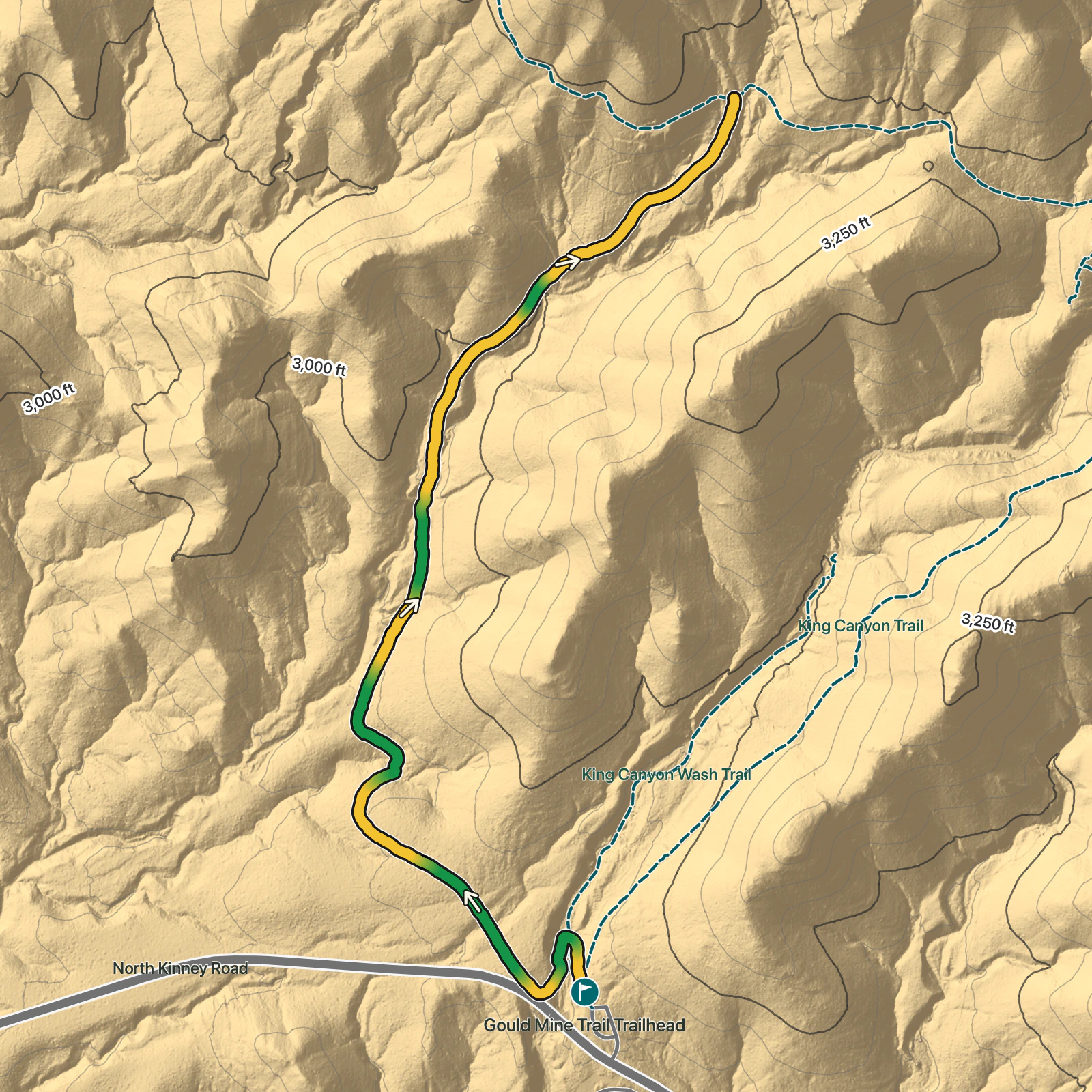 Terrain map of Gould Mine Trail in Saguaro National Park
