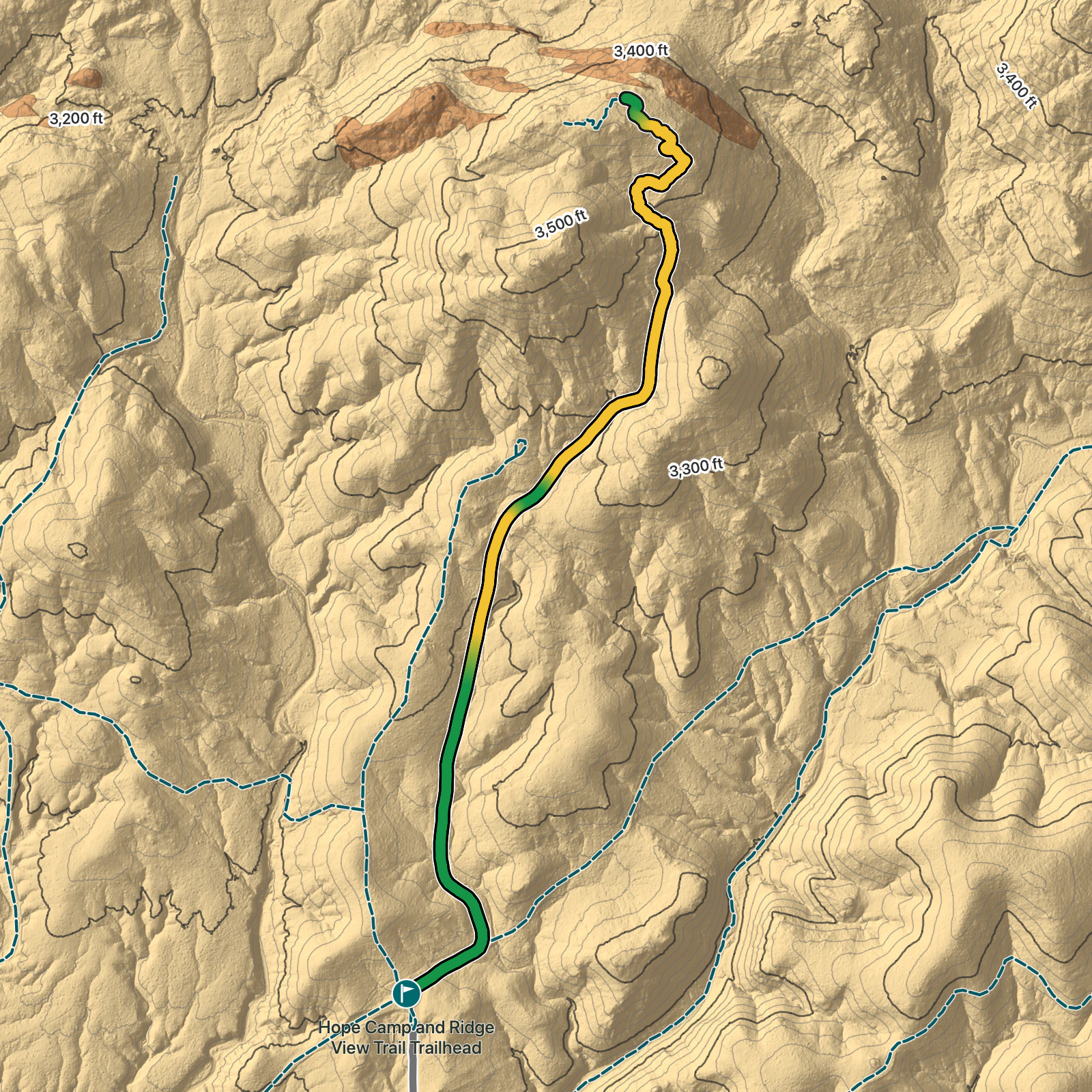 Terrain map of Hope Camp and Ridge View Trail in Saguaro National Park