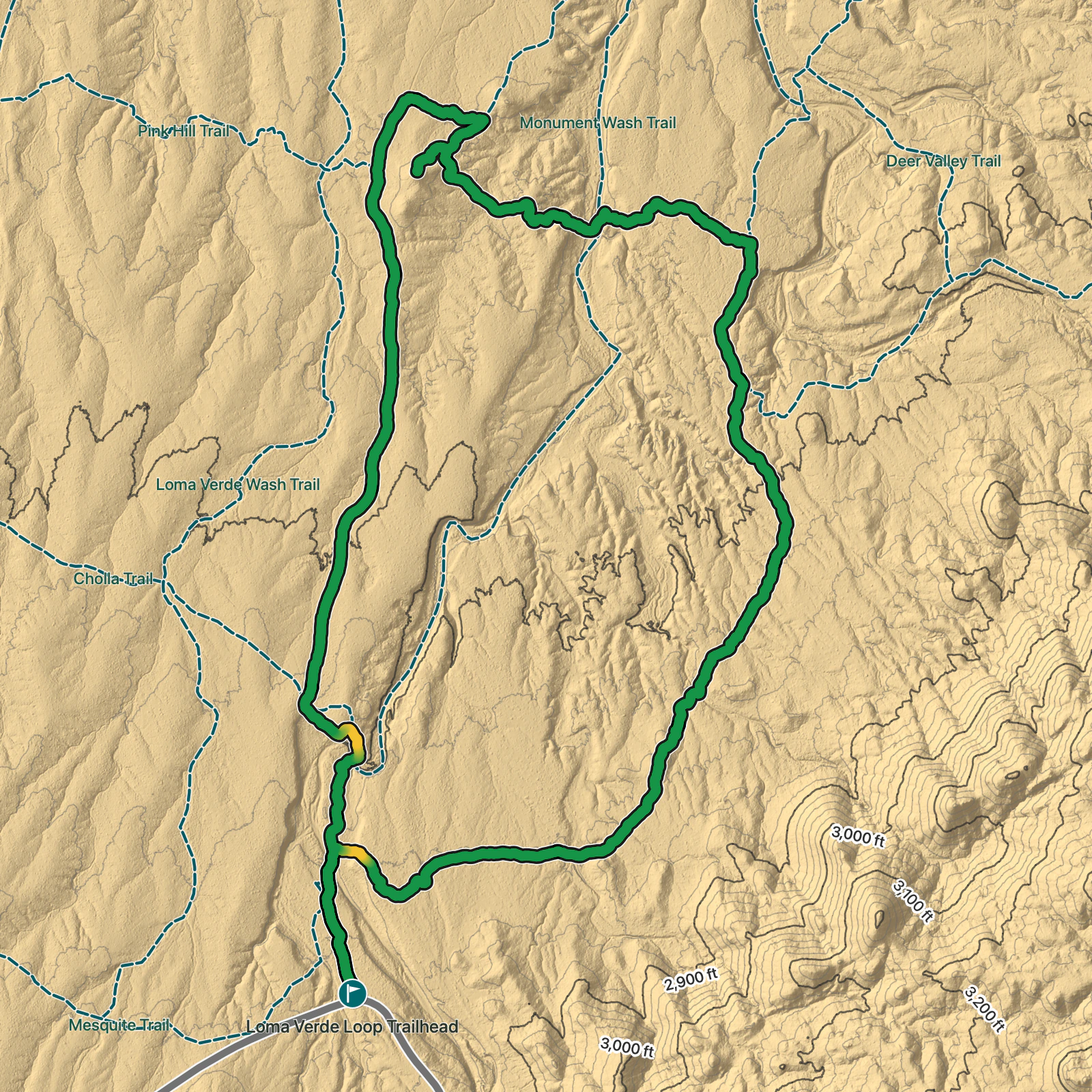 Terrain map of Loma Verde Loop in Saguaro National Park