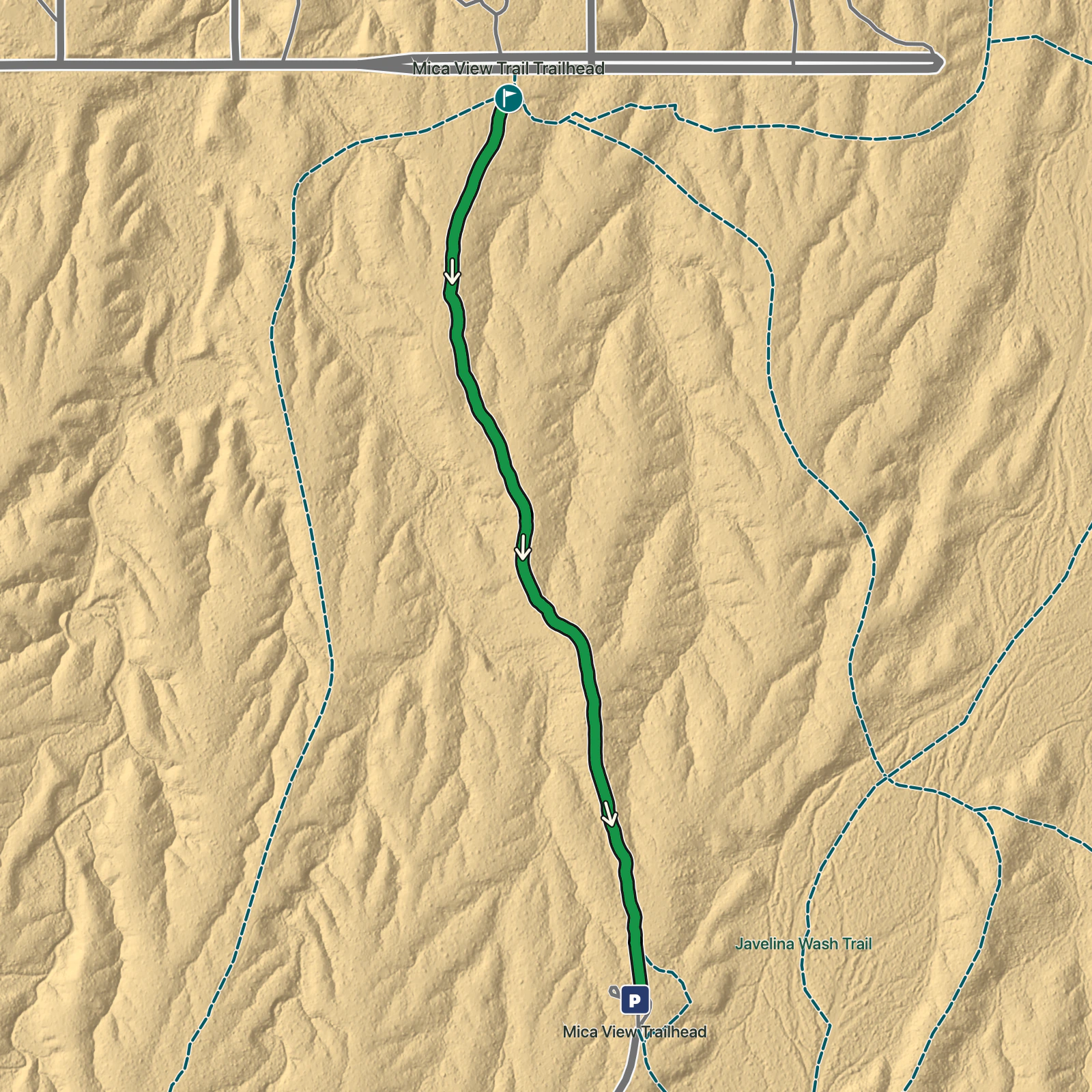 Terrain map of Mica View Trail in Saguaro National Park