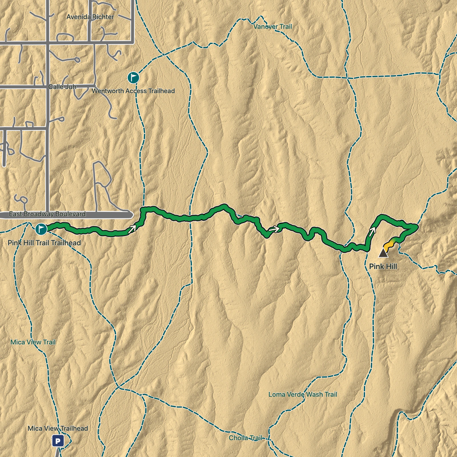 Terrain map of Pink Hill Trail in Saguaro National Park