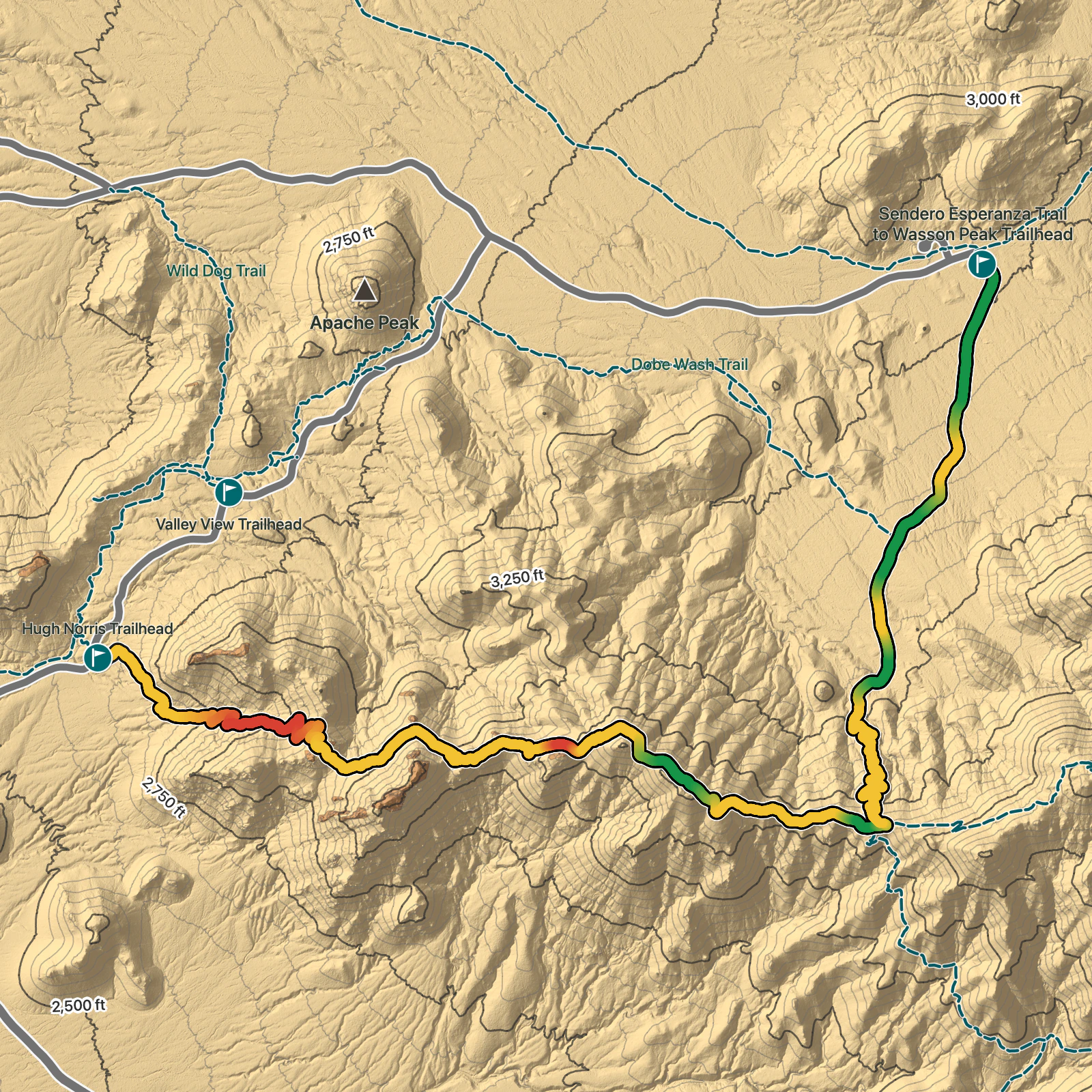 Terrain map of Sendero Esperanza Trail to Wasson Peak in Saguaro National Park