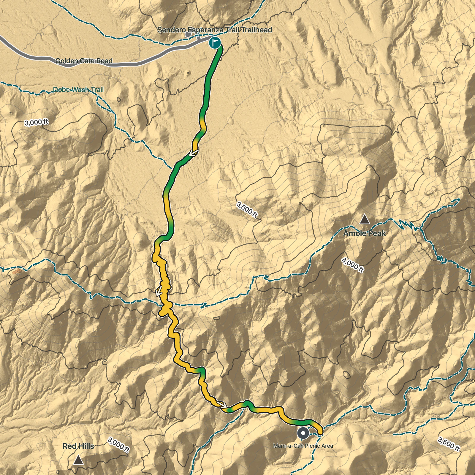 Terrain map of Sendero Esperanza Trail in Saguaro National Park