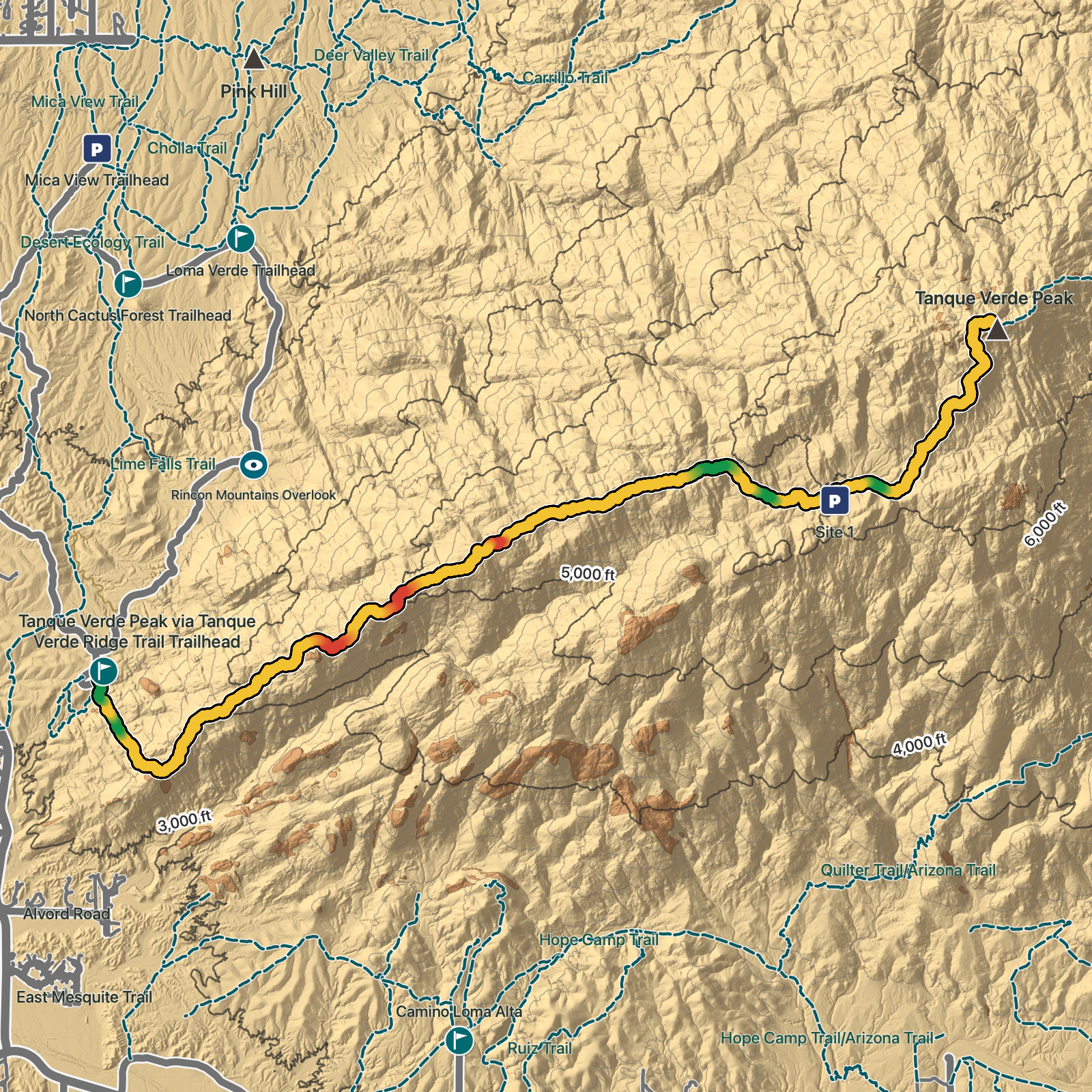 Terrain map of Tanque Verde Peak via Tanque Verde Ridge Trail in Saguaro National Park