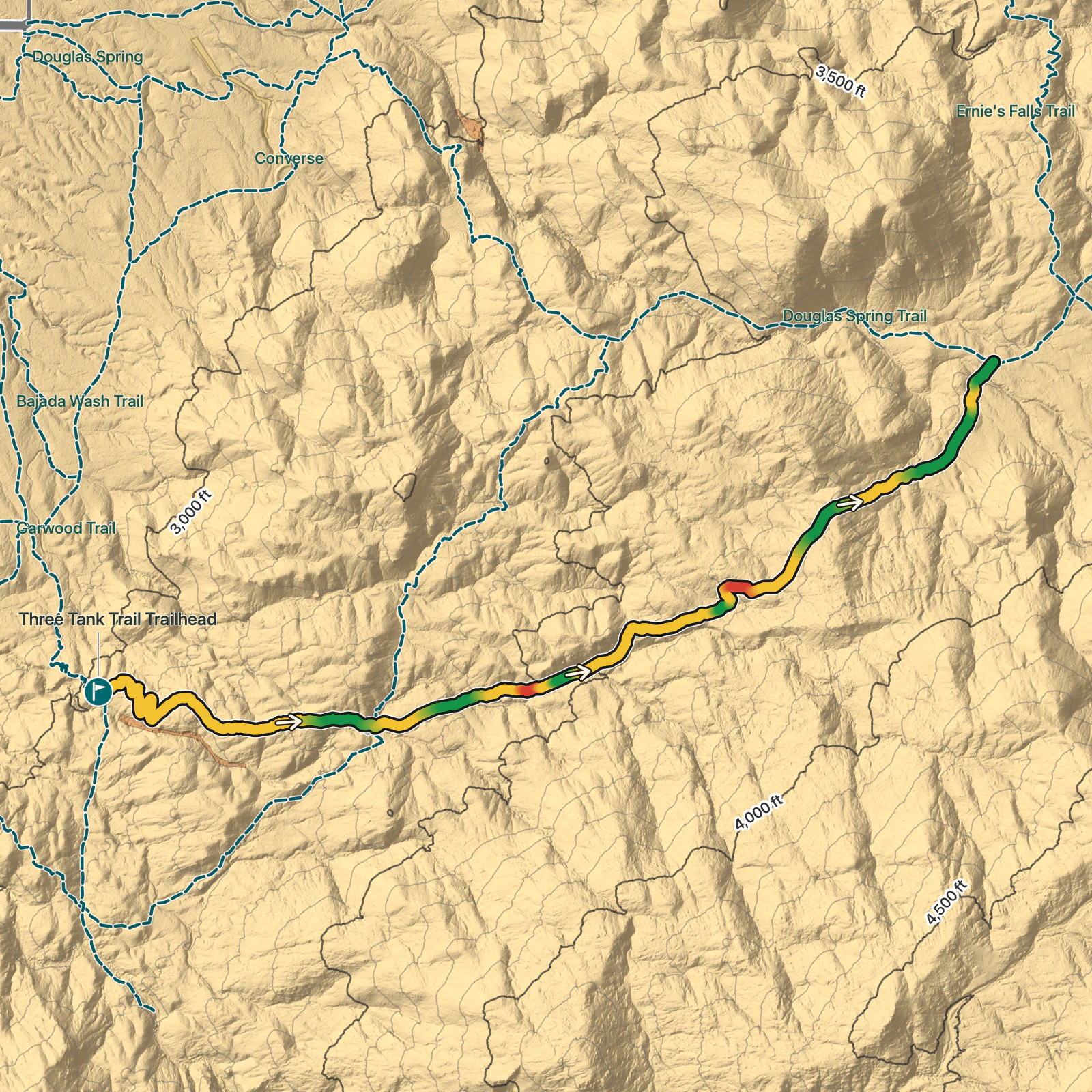 Terrain map of Three Tank Trail in Saguaro National Park