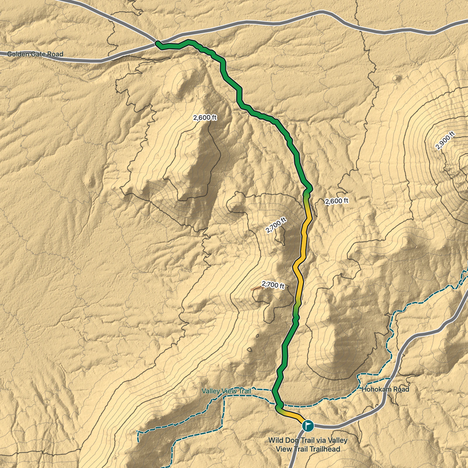 Terrain map of Wild Dog Trail via Valley View Trail in Saguaro National Park