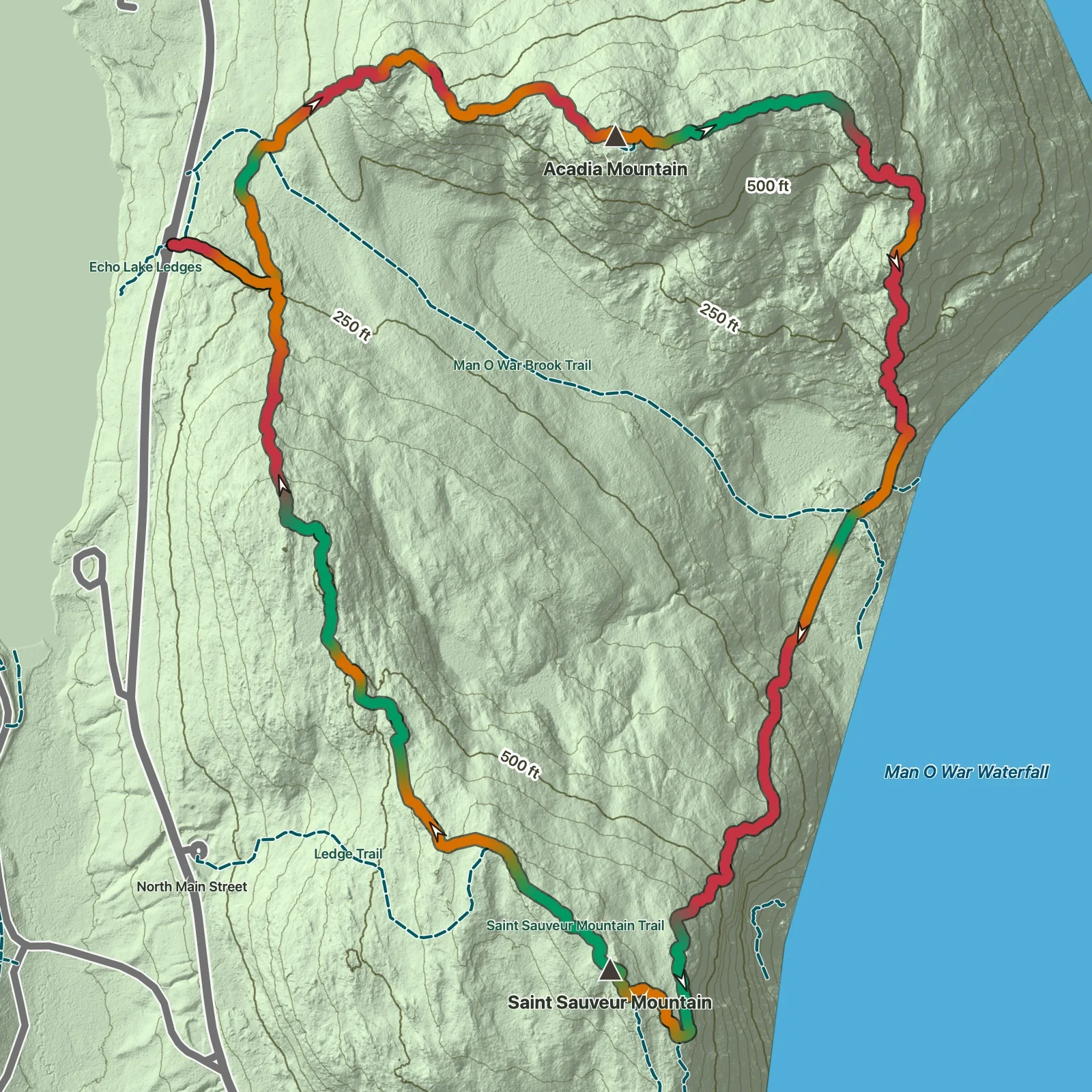 Terrain map showing the St. Sauveur and Acadia Mountain Loop route in Acadia National Park