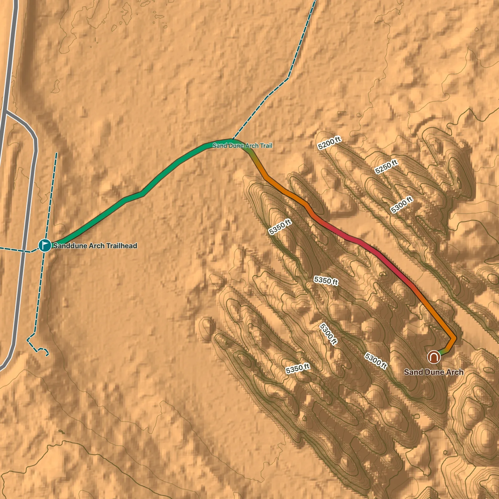Terrain map of Sand Dune Arch Trail in Arches National Park