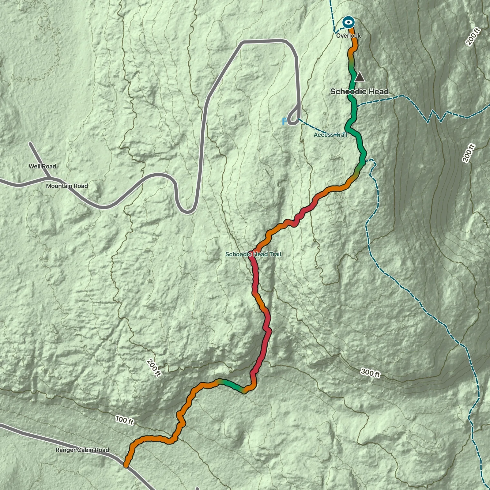 Terrain map showing the Schoodic Head Trail route in Acadia National Park