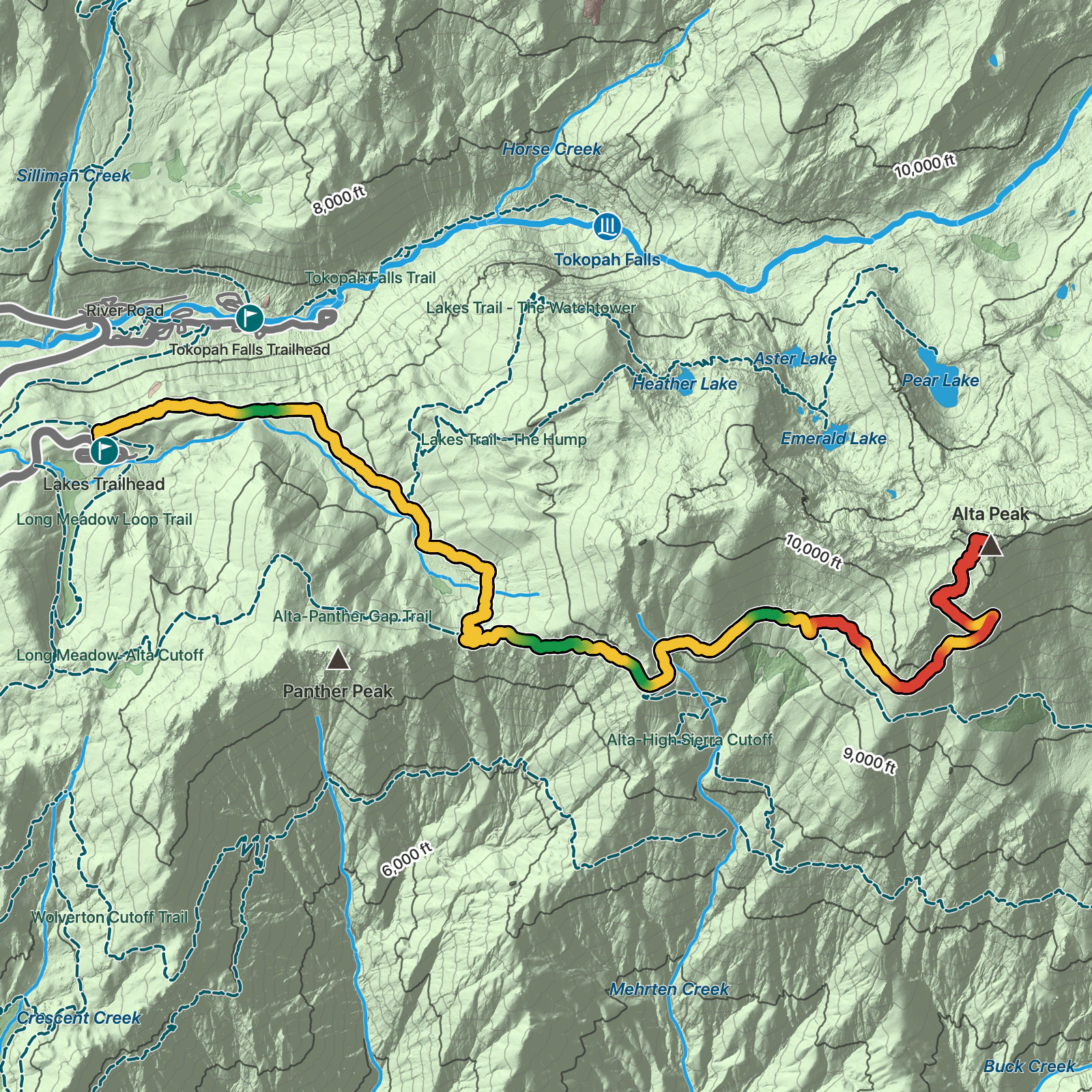 Terrain map of Alta Peak via Lakes Trail in Sequoia National Park