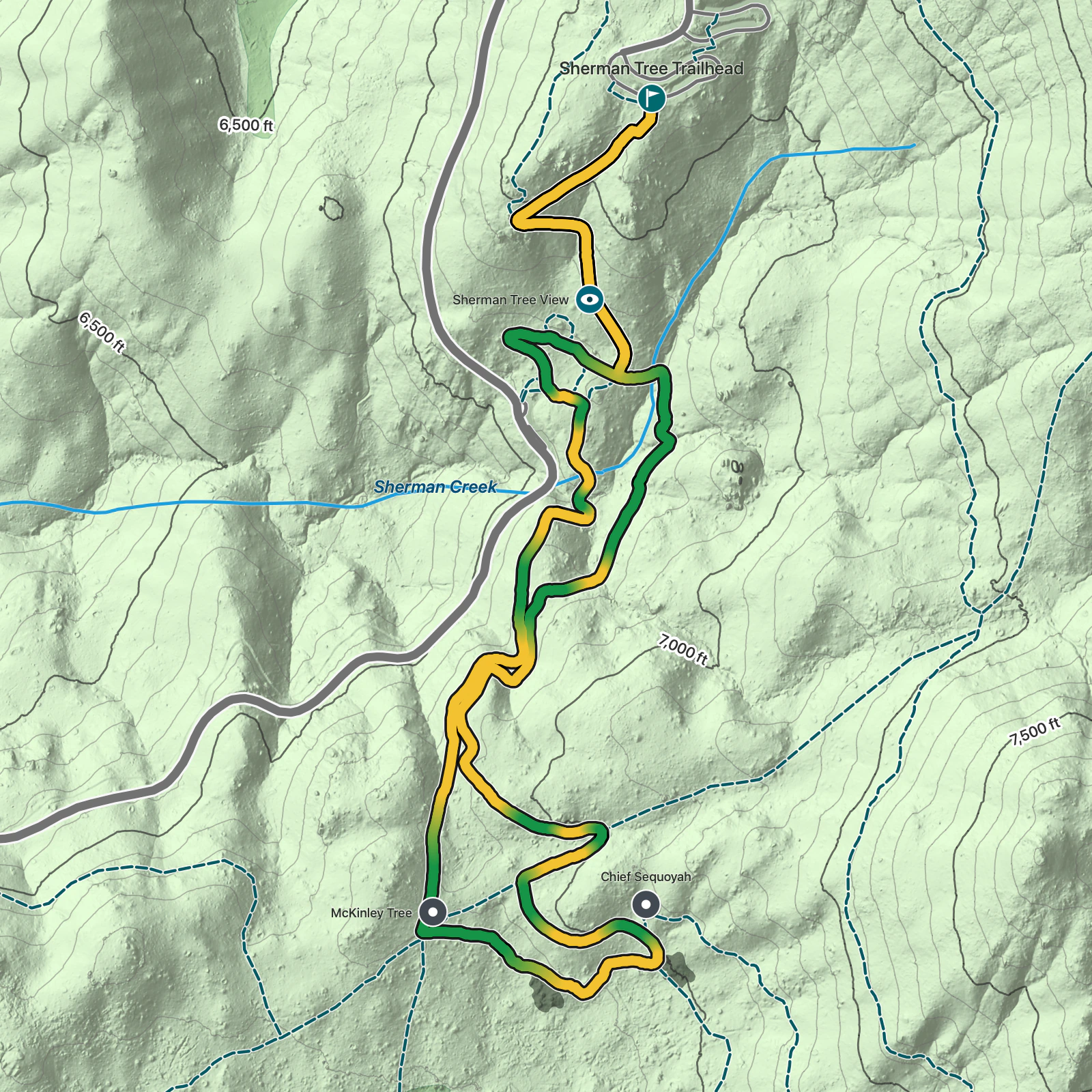 Terrain map of Congress Trail in Sequoia National Park