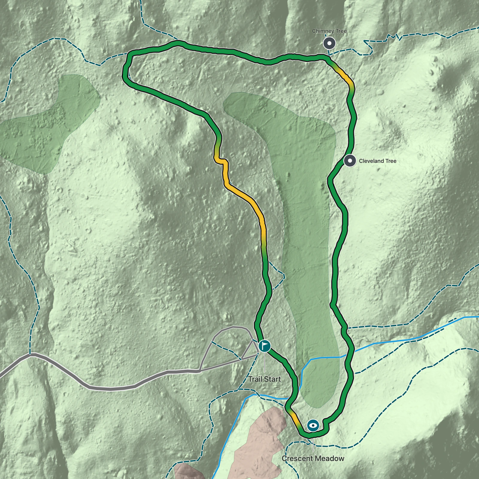 Terrain map of Crescent Meadow Loop in Sequoia National Park