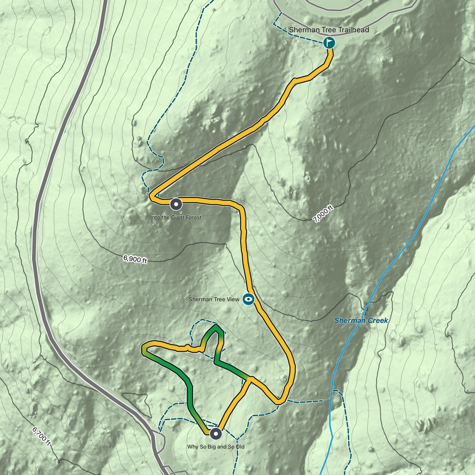 Terrain map of General Sherman Tree Trail in Sequoia National Park