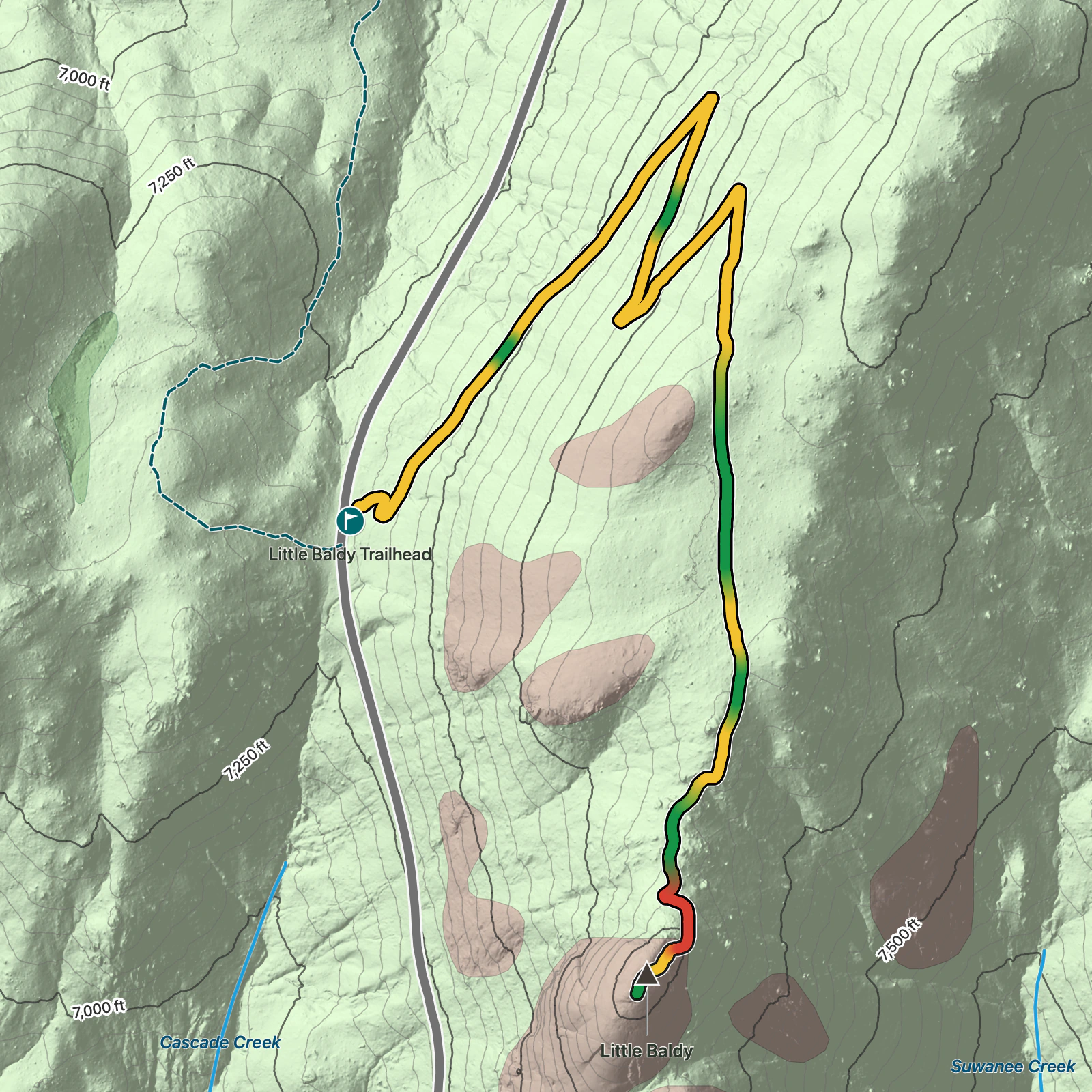 Terrain map of Little Baldy Trail in Sequoia National Park