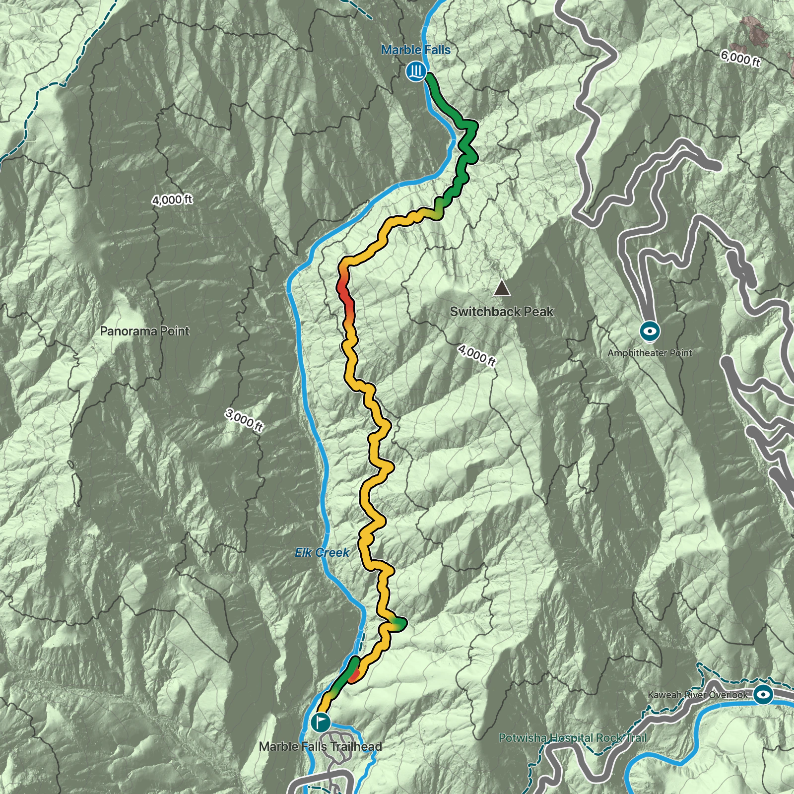 Terrain map of Marble Falls Trail in Sequoia National Park
