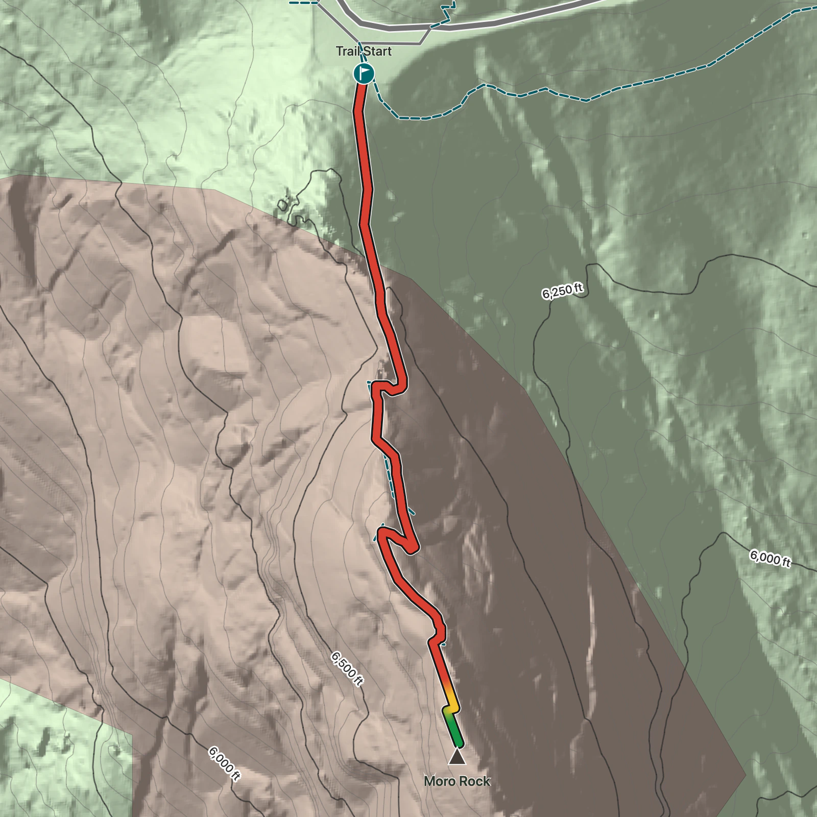 Terrain map of Moro Rock in Sequoia National Park