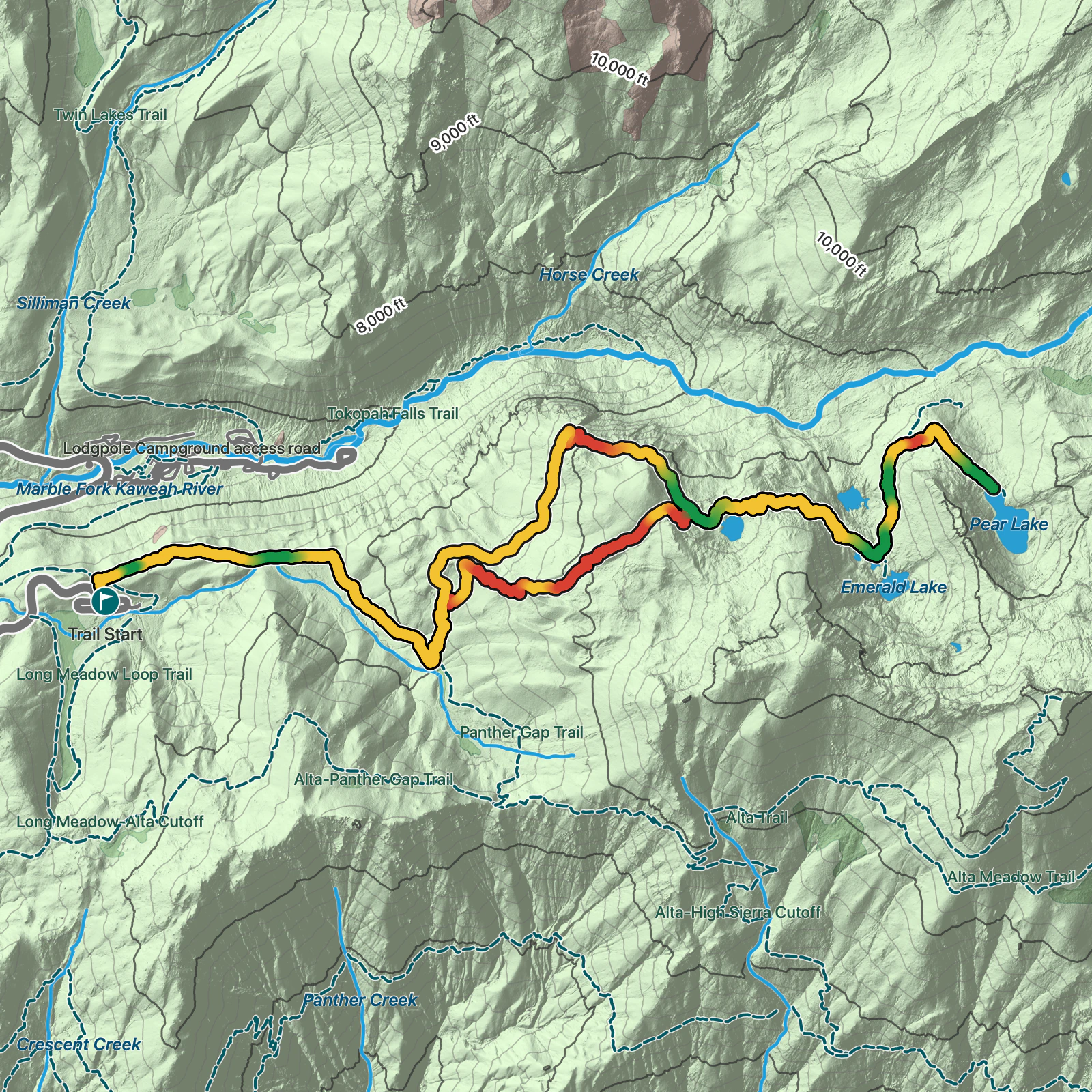 Terrain map of Pear Lake via Lakes Trail in Sequoia National Park