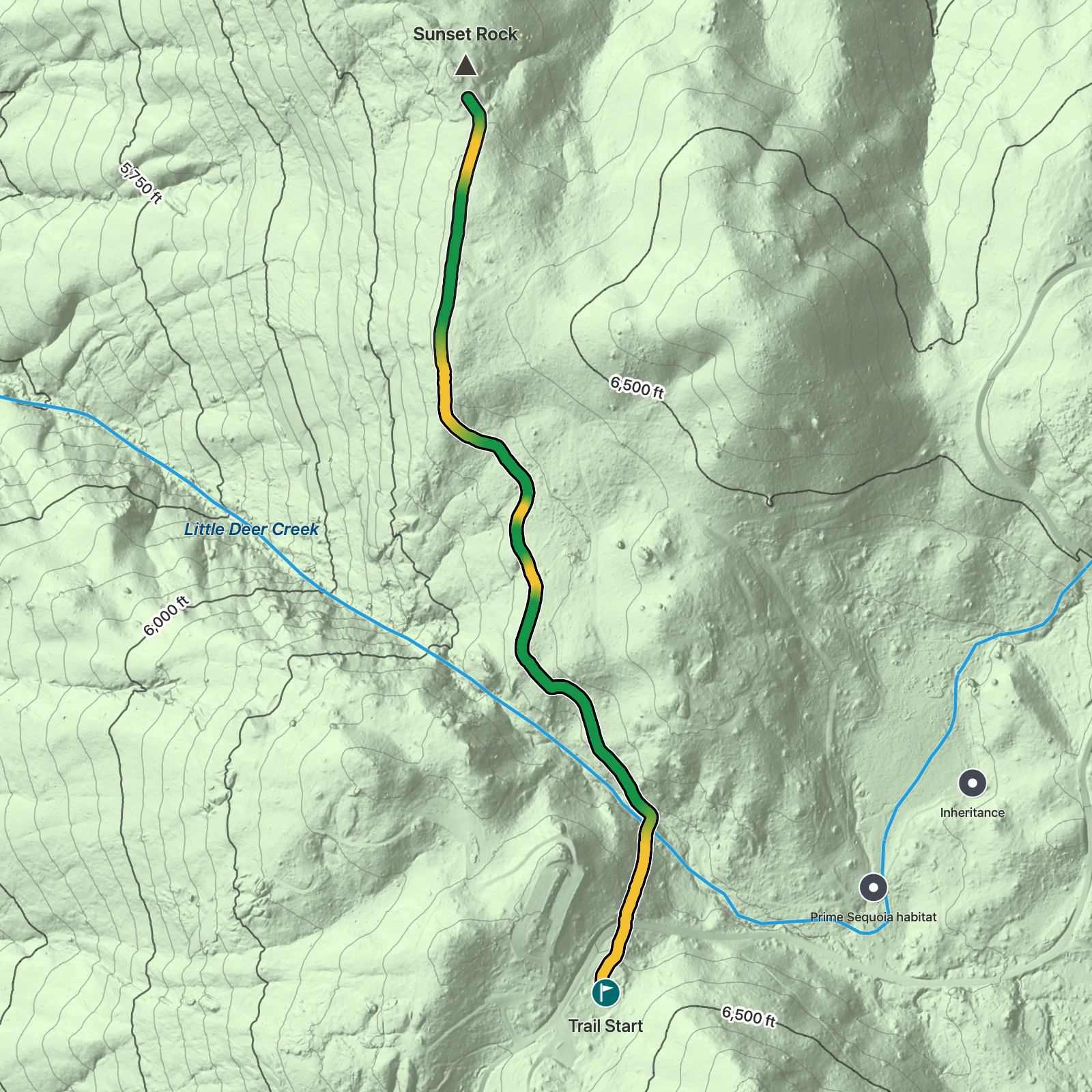 Terrain map of Sunset Rock in Sequoia National Park