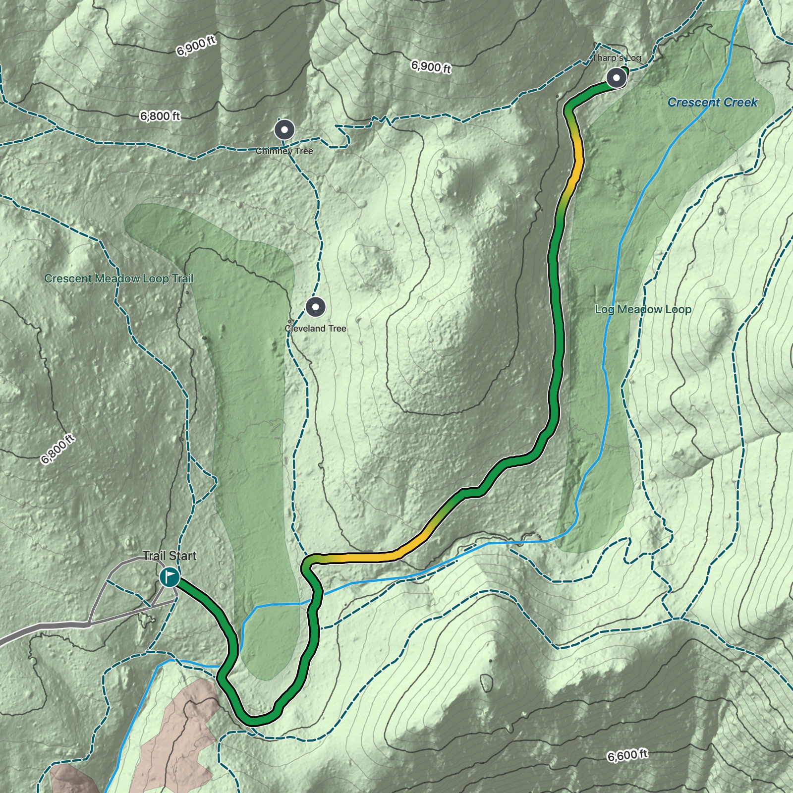 Terrain map of Tharp's Log Trail in Sequoia National Park