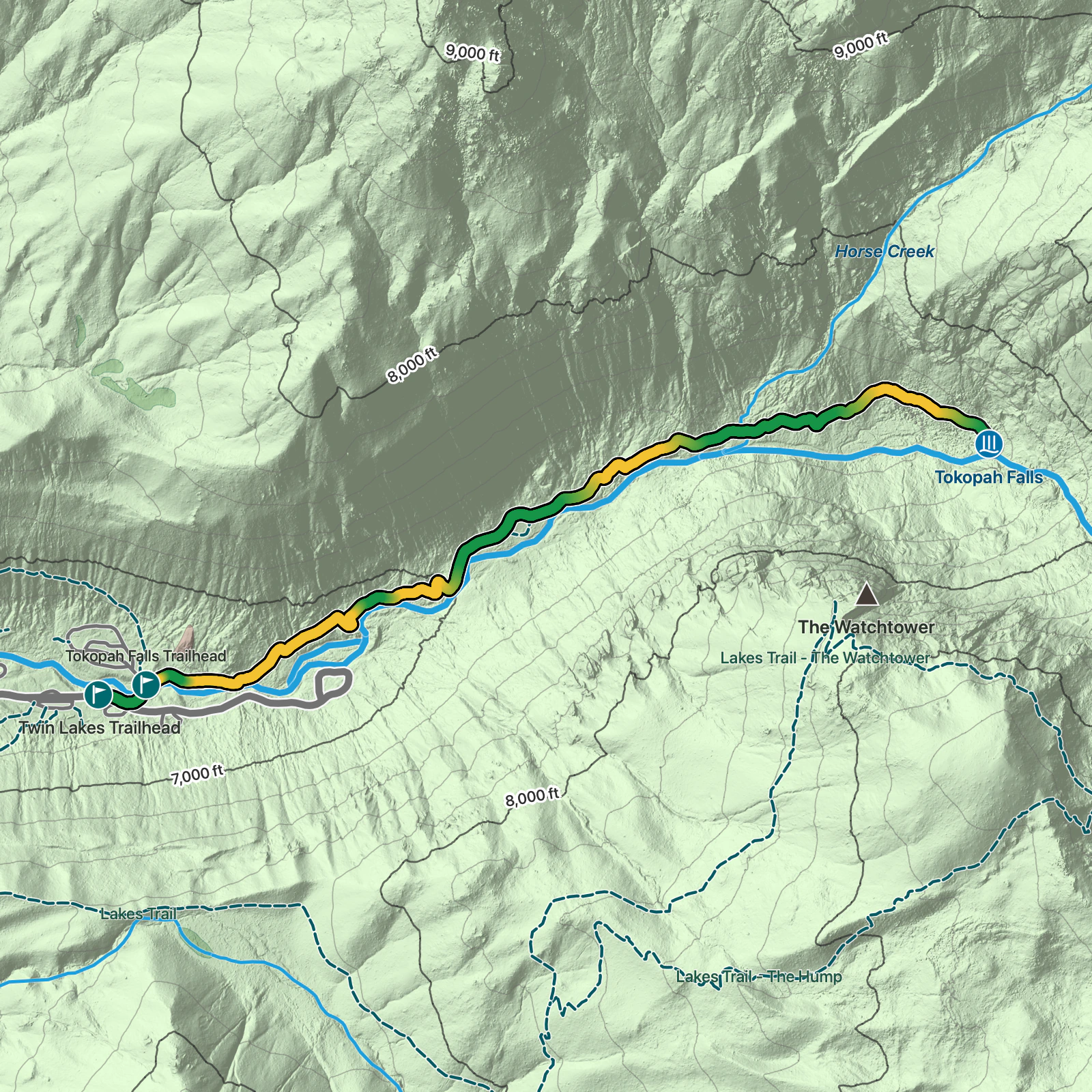 Terrain map of Tokopah Falls in Sequoia National Park