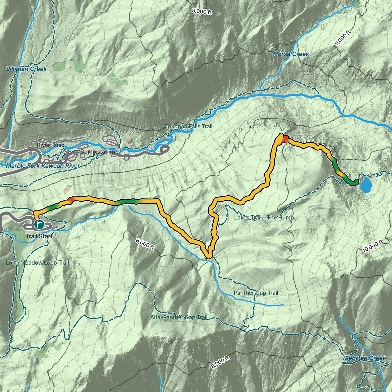 Terrain map of Watchtower Trail in Sequoia National Park