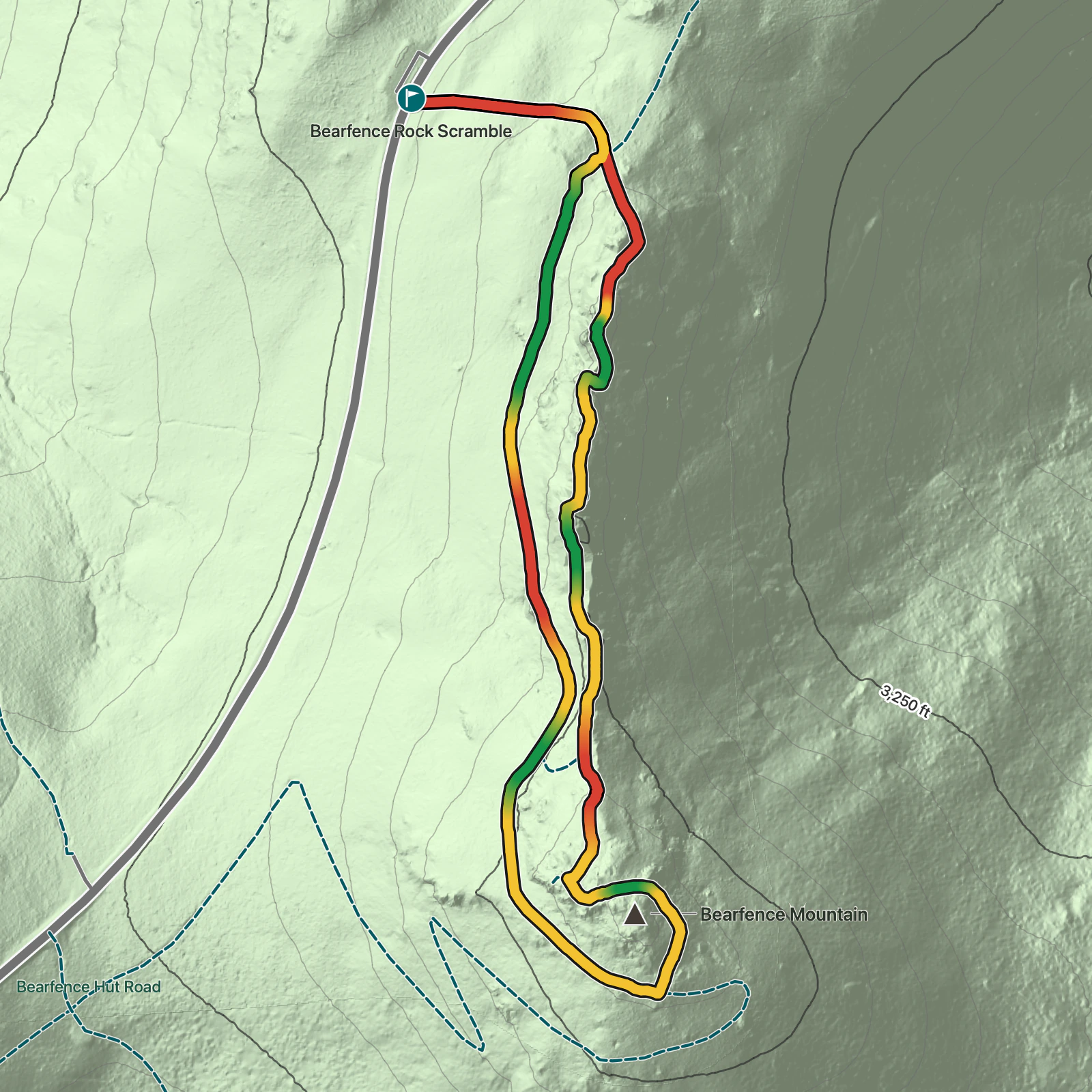 Terrain map of Bearfence Mountain Trail in Shenandoah National Park