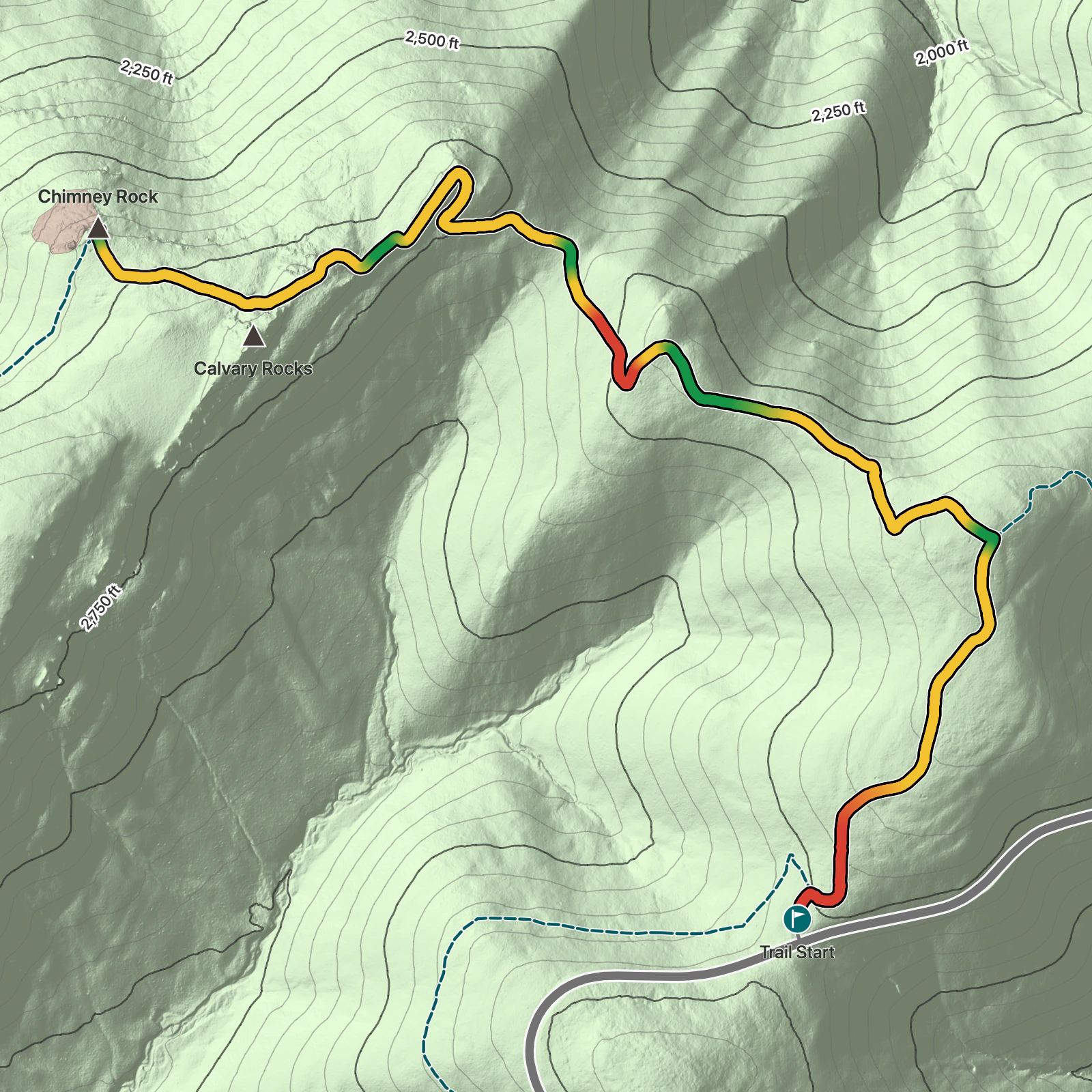 Terrain map of Calvary and Chimney Rocks Trail in Shenandoah National Park
