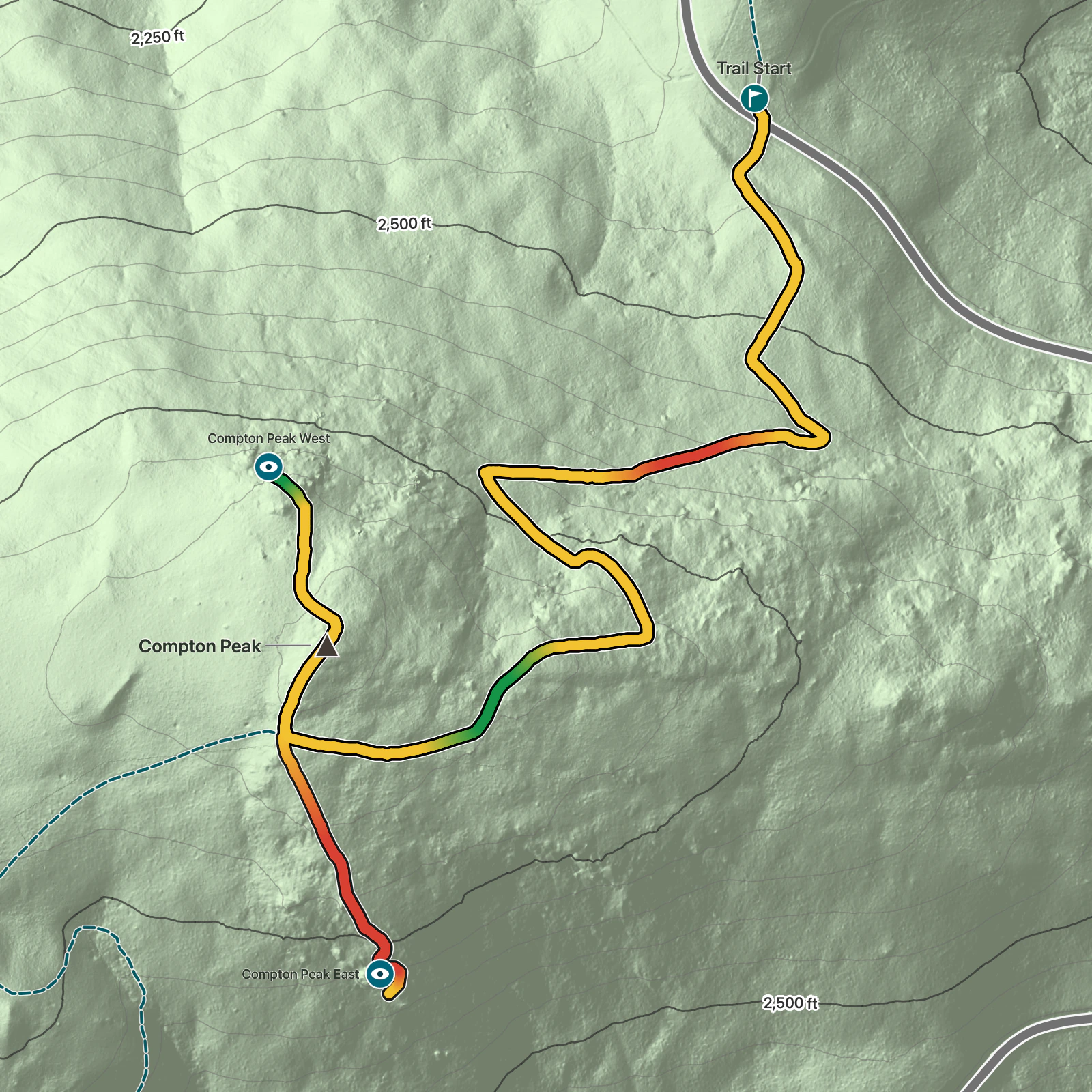 Terrain map of Compton Peak Summit via Appalachian Trail in Shenandoah National Park