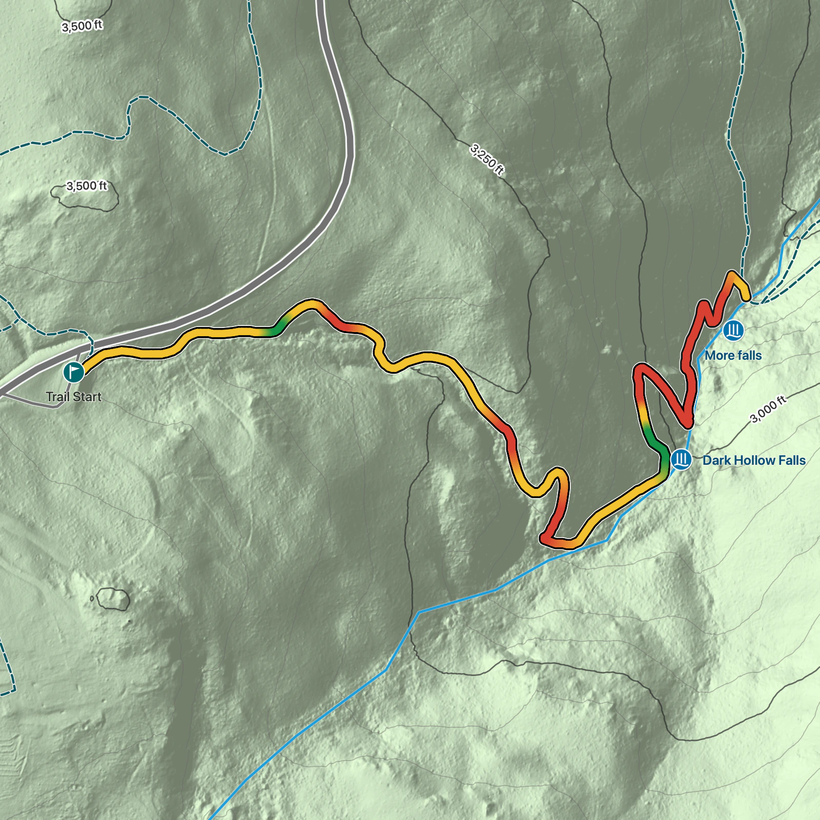 Terrain map of Dark Hollow Falls Trail in Shenandoah National Park