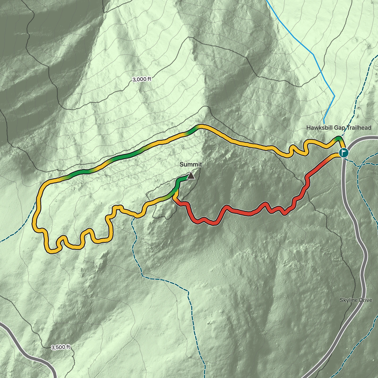 Terrain map of Hawksbill Loop Trail in Shenandoah National Park