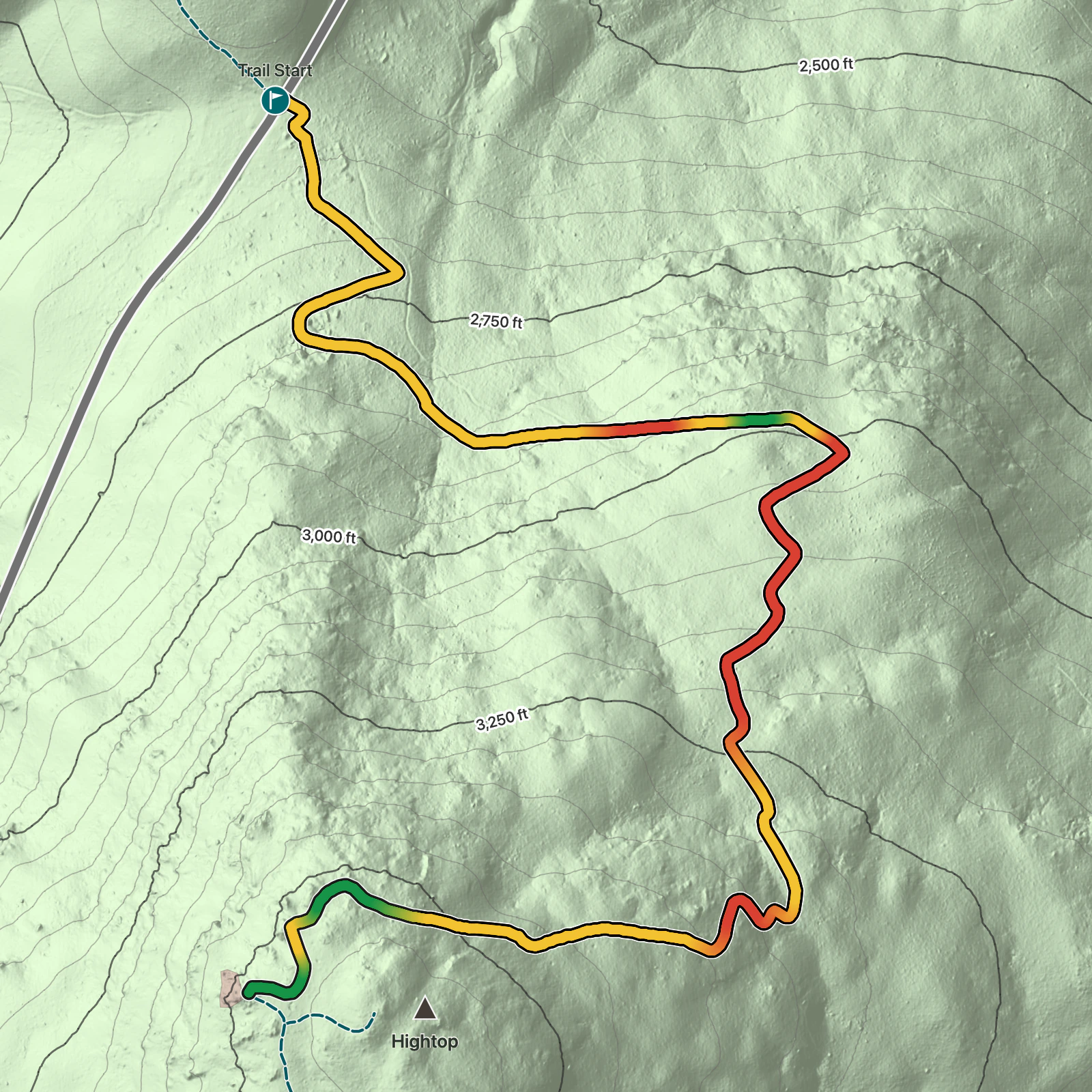 Terrain map of Hightop Peak Trail in Shenandoah National Park