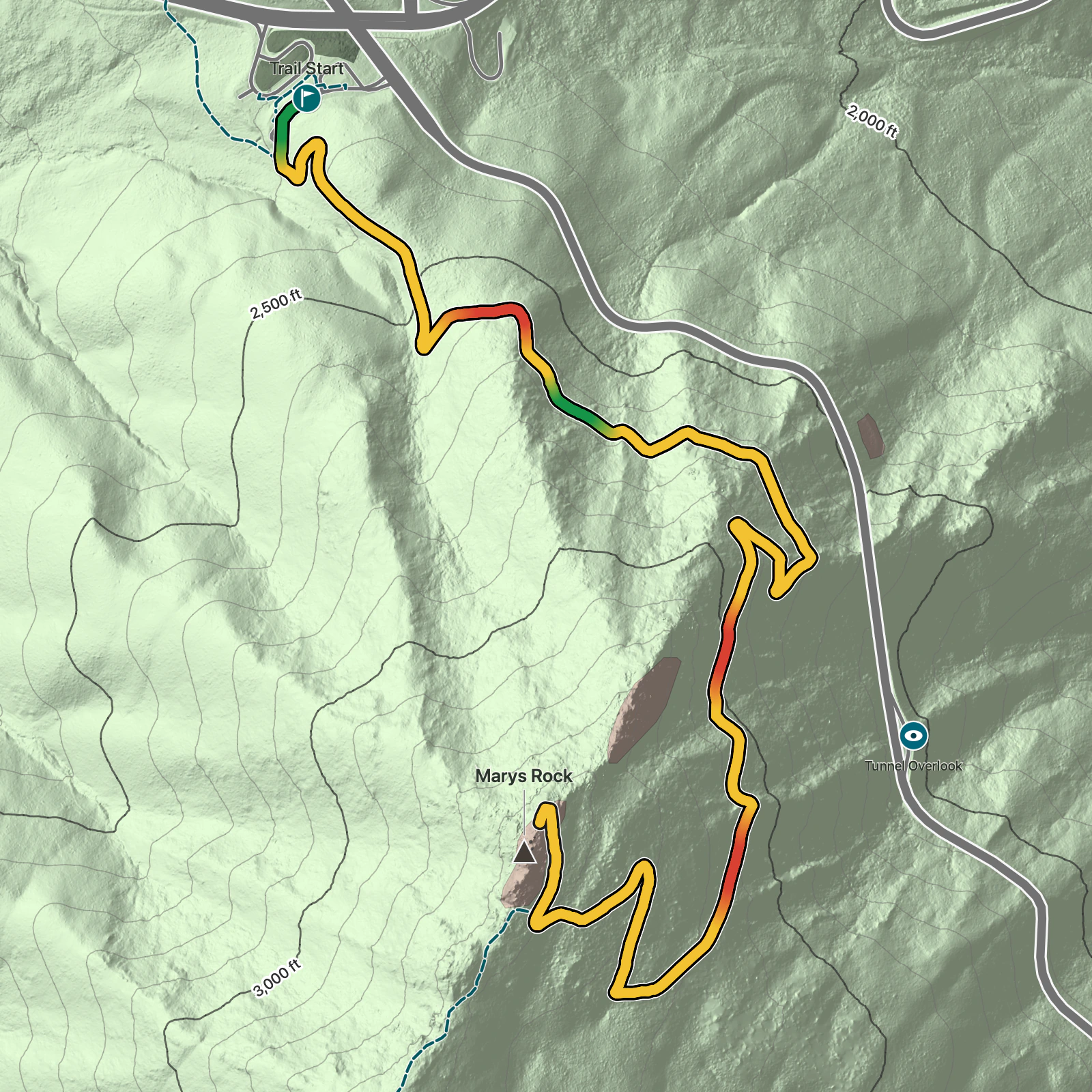 Terrain map of Marys Rock via Appalachian Trail, North Approach in Shenandoah National Park