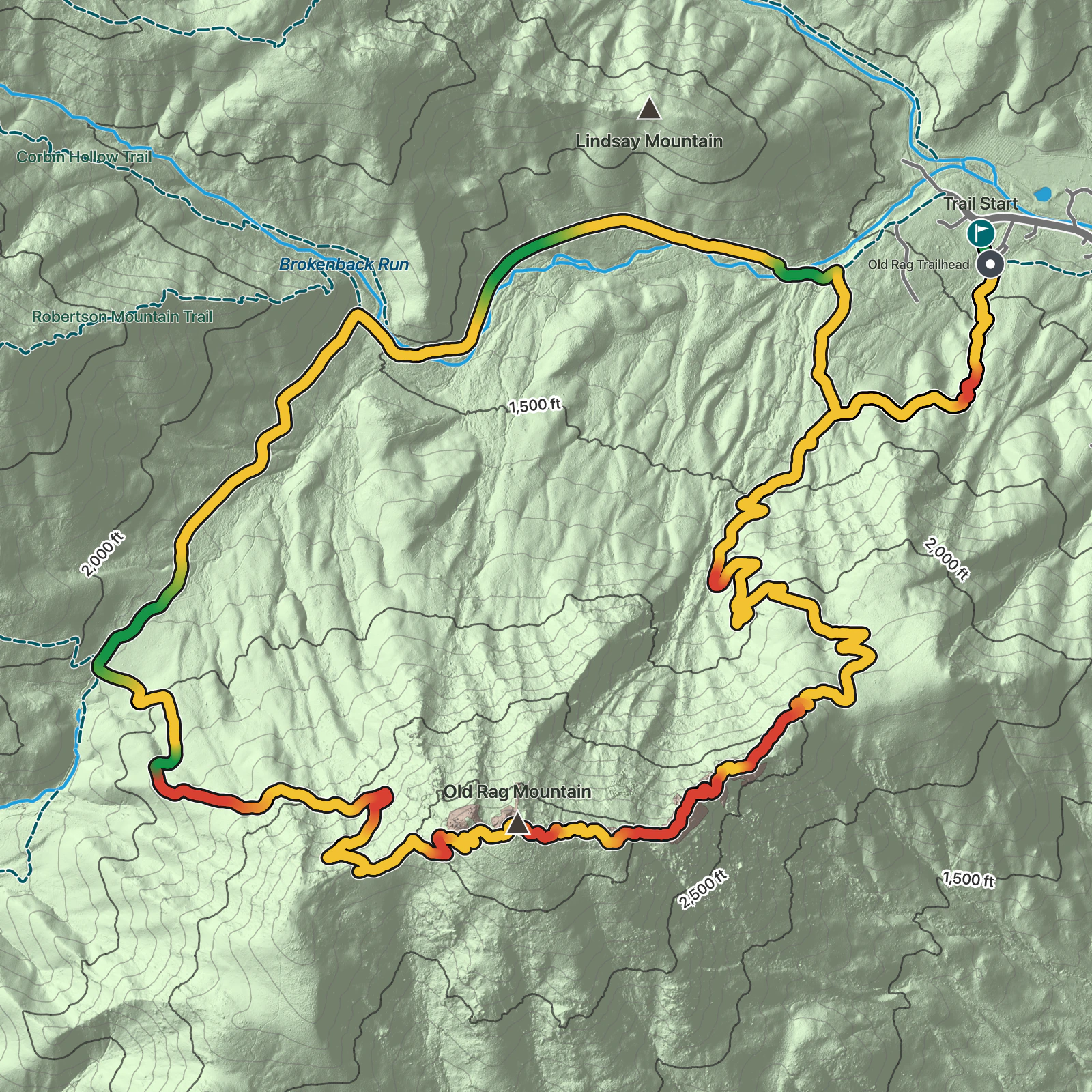 Terrain map of Old Rag Mountain Loop in Shenandoah National Park