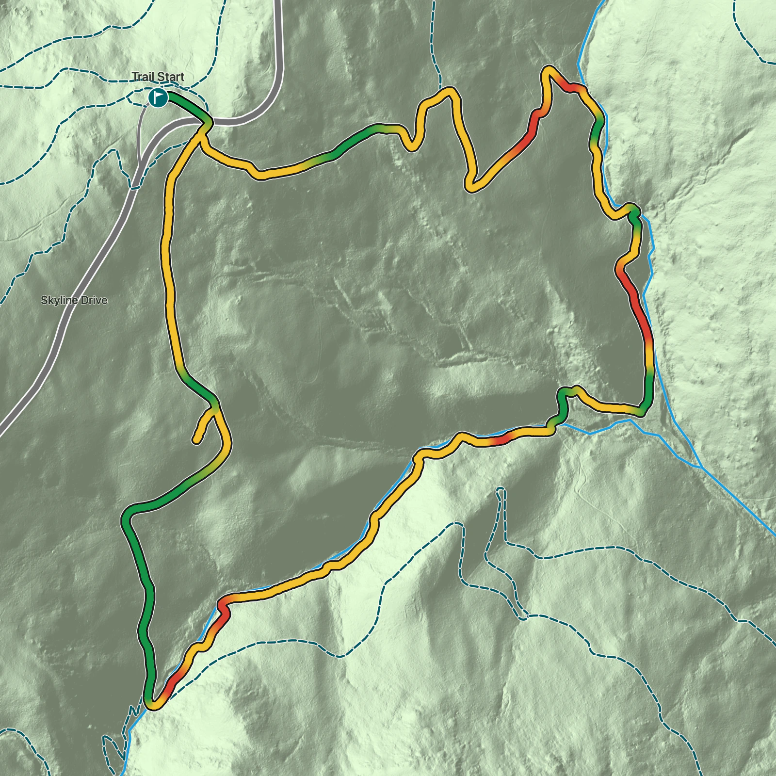 Terrain map of Rose River Trail in Shenandoah National Park