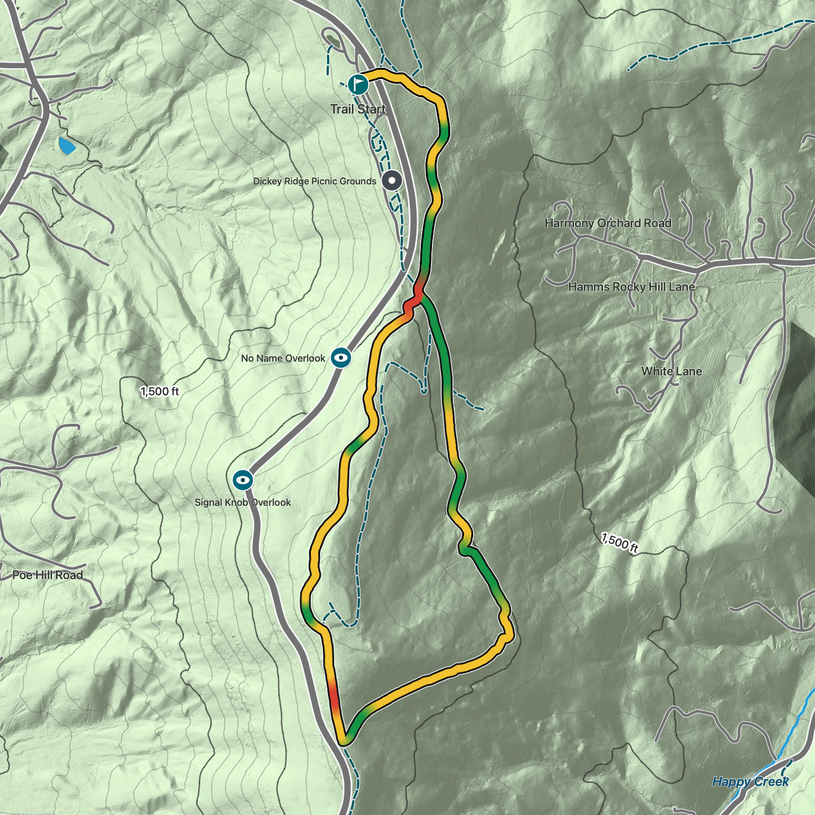 Terrain map of Snead Farm–Dickey Ridge Loop Trail in Shenandoah National Park
