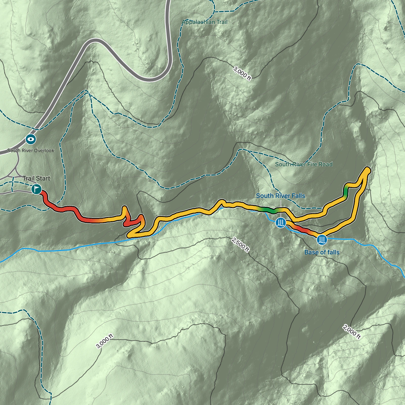 Terrain map of South River Falls Trail in Shenandoah National Park