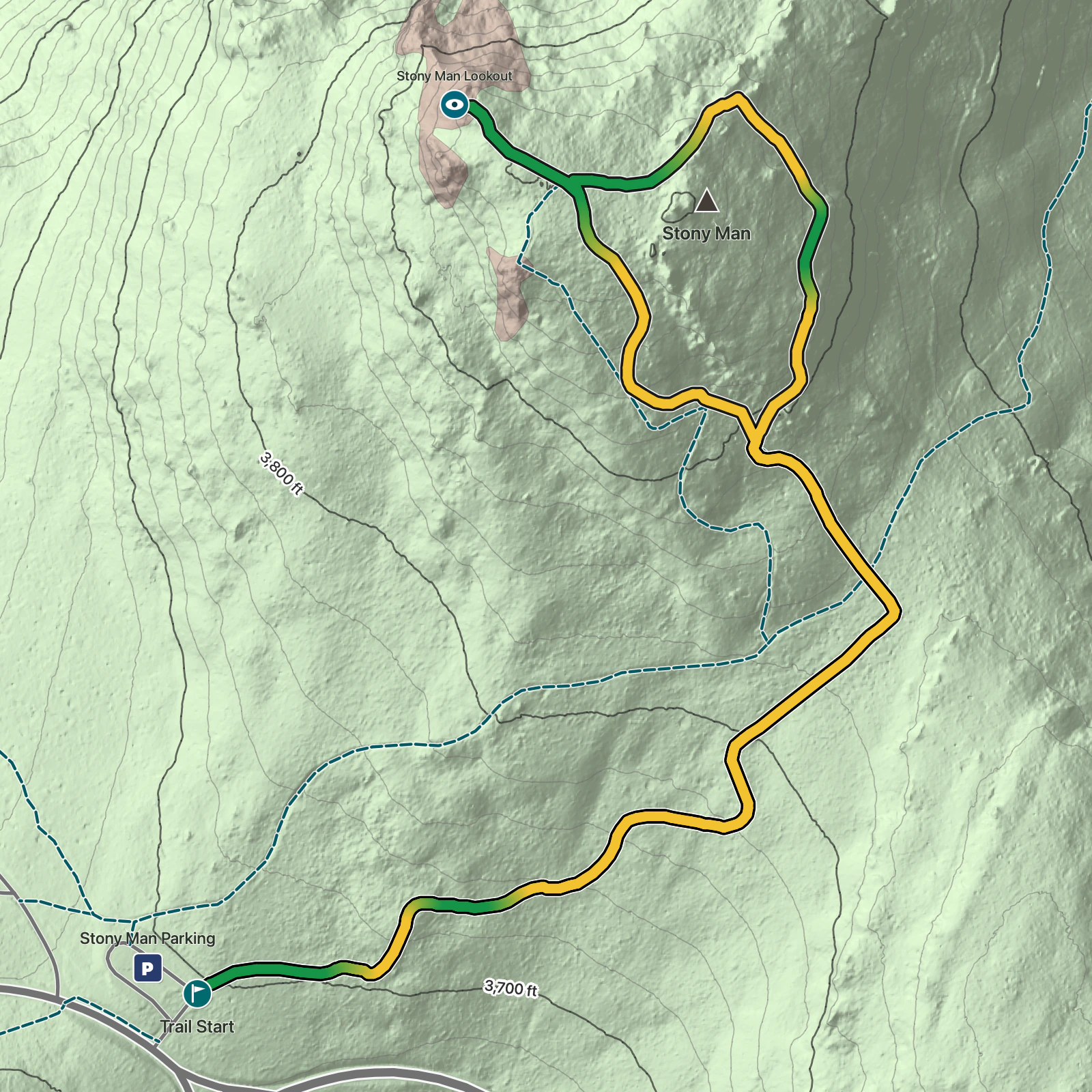Terrain map of Stony Man via Appalachian Trail in Shenandoah National Park