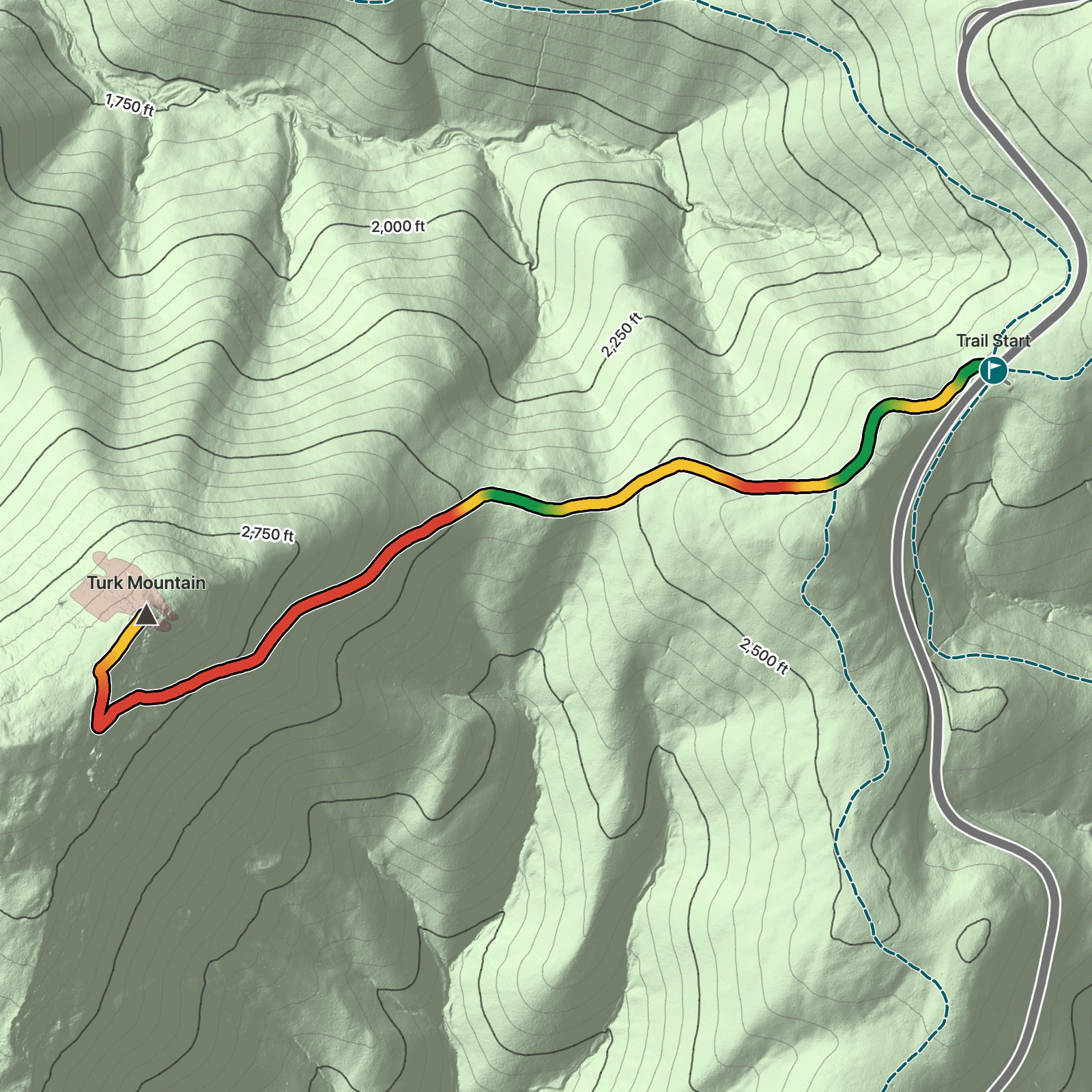 Terrain map of Turk Mountain Trail in Shenandoah National Park