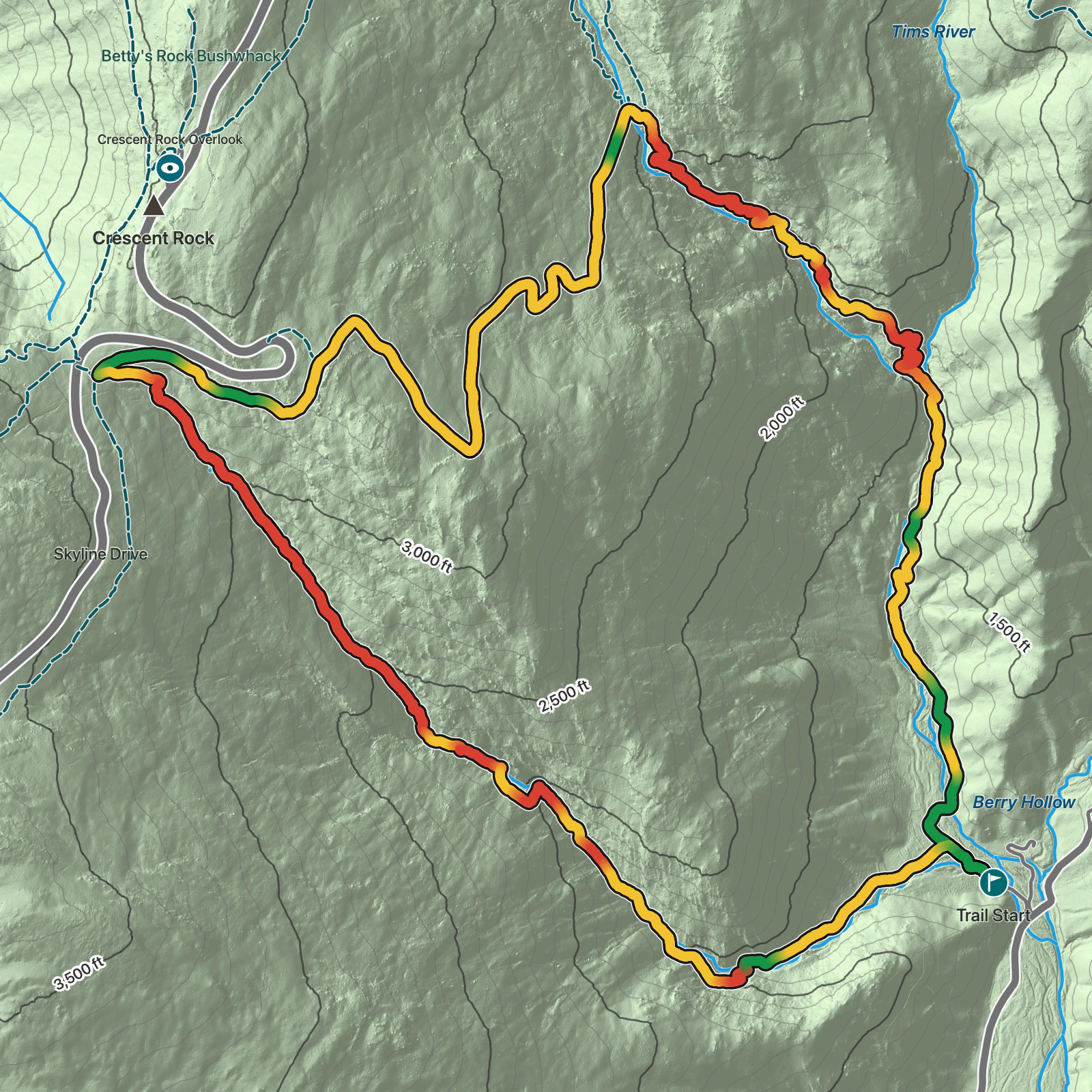 Terrain map of Whiteoak Canyon and Cedar Run Trail Loop in Shenandoah National Park