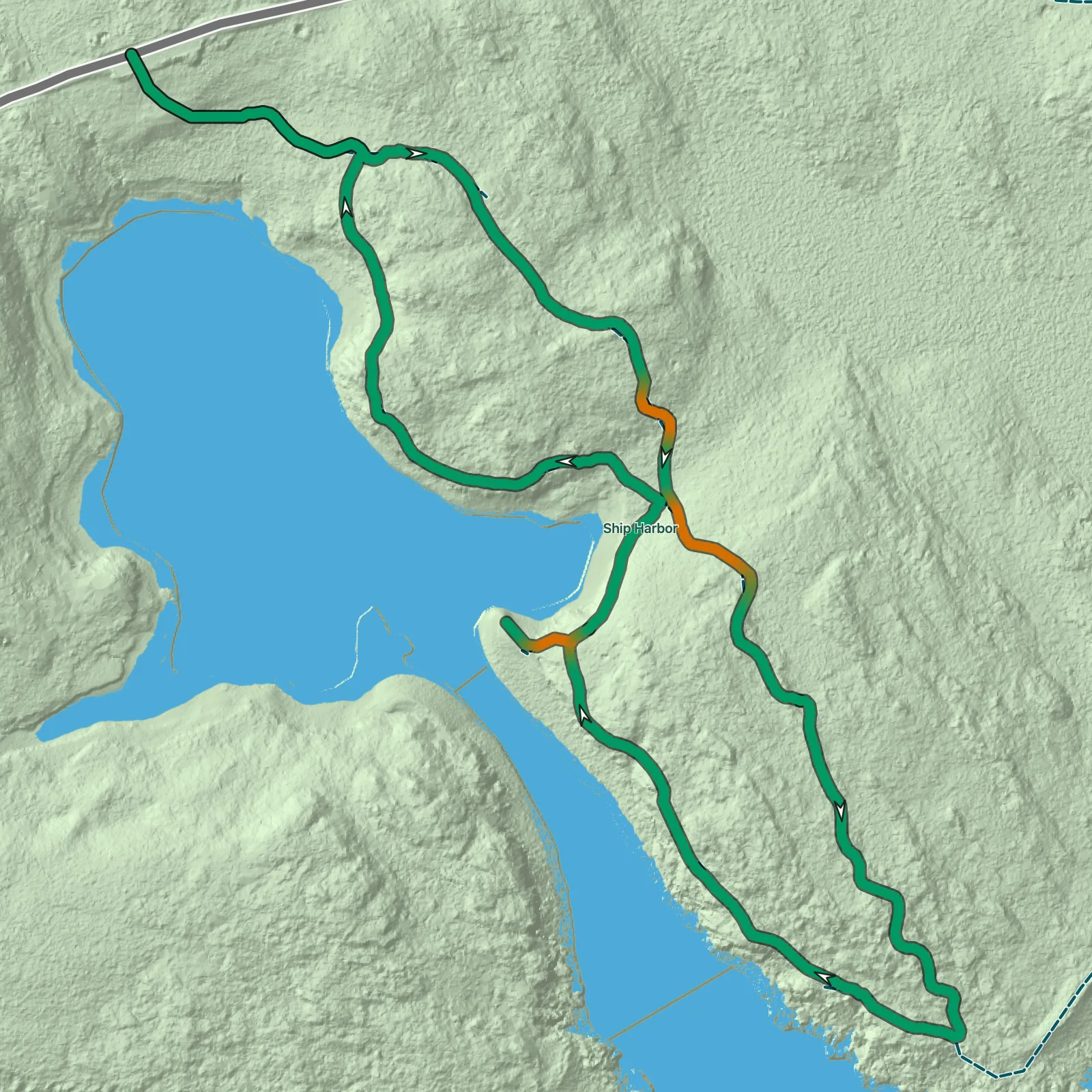 Terrain map showing the Ship Harbor Trail route in Acadia National Park