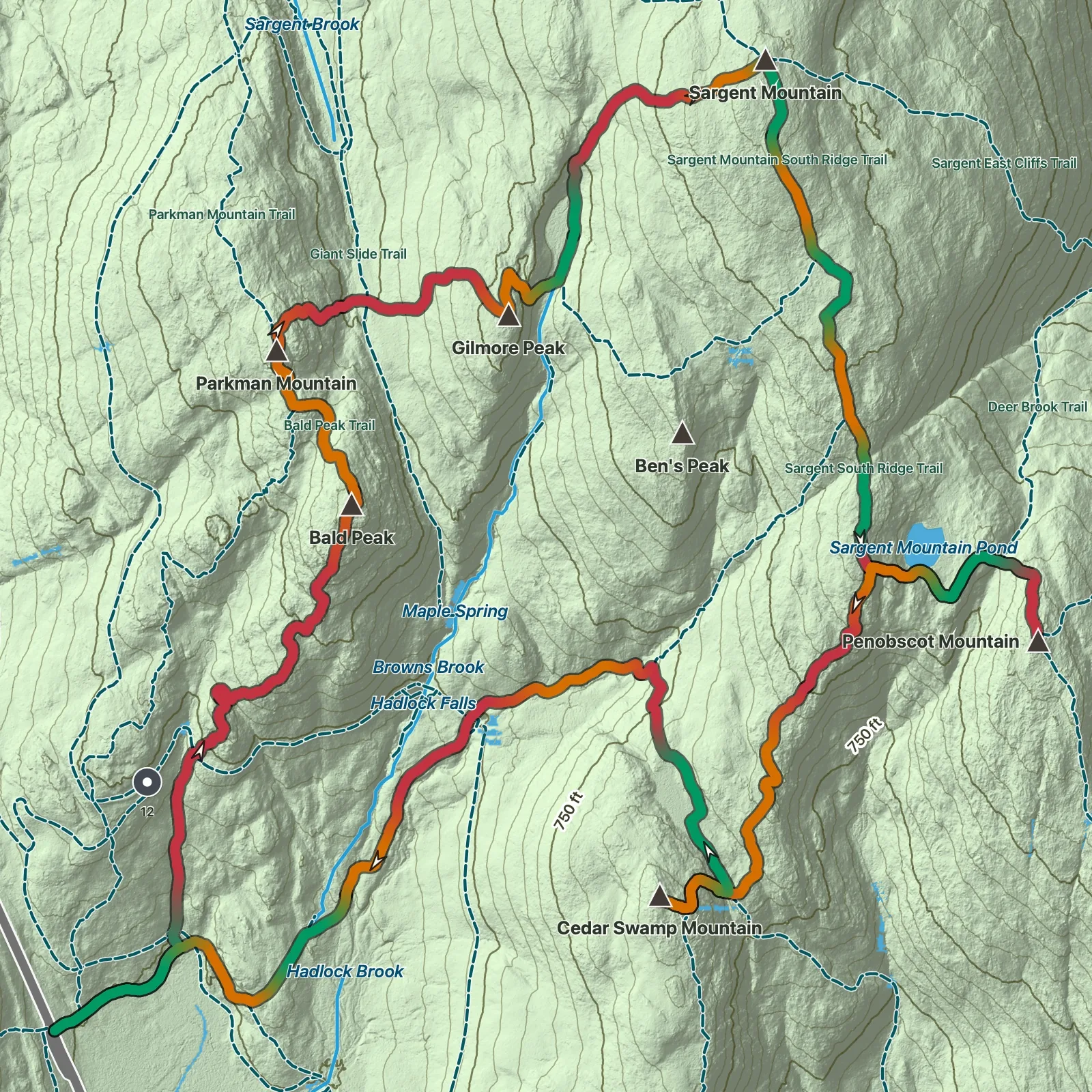 Terrain map showing the Six Summits Loop route in Acadia National Park