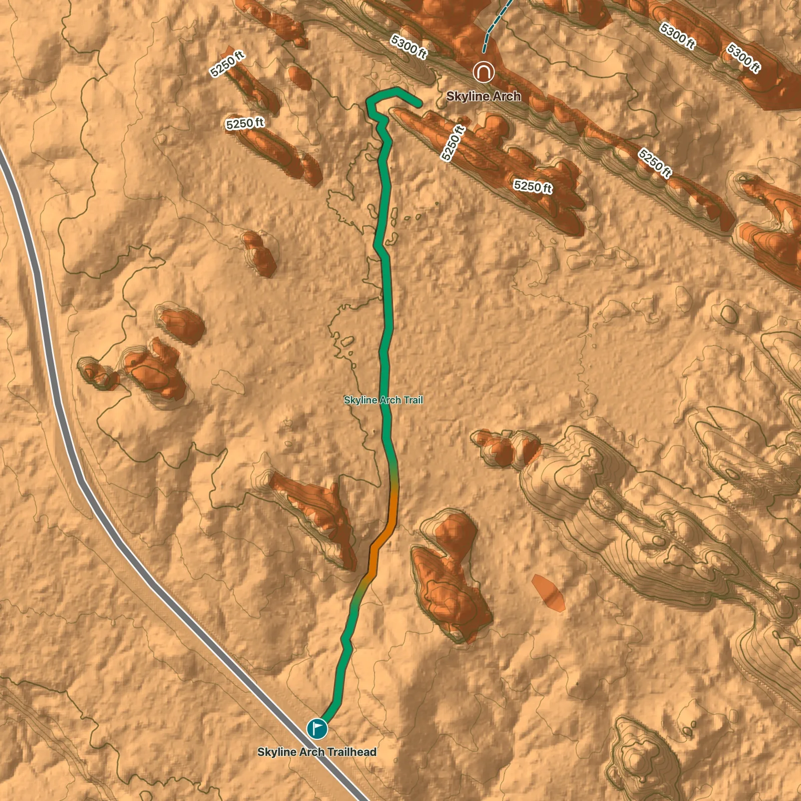 Terrain map of Skyline Arch Trail in Arches National Park