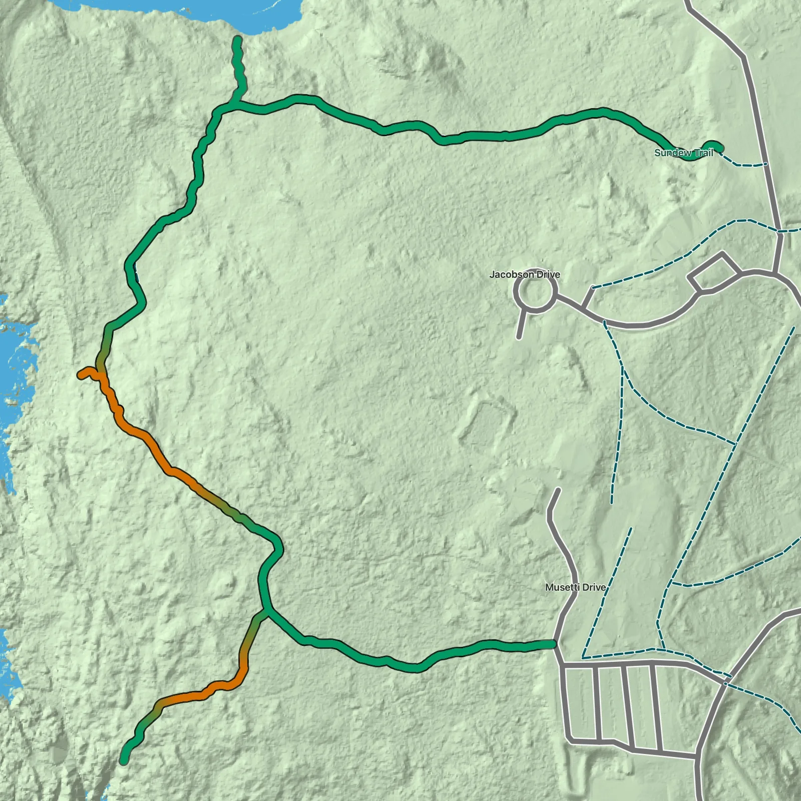 Terrain map showing the Sundew Trail route in Acadia National Park