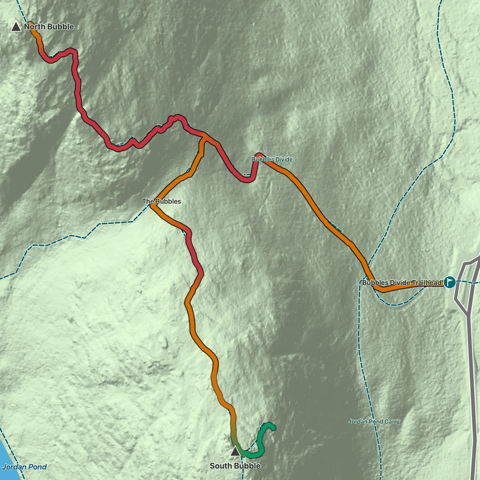 Terrain map showing the Bubbles route in Acadia National Park